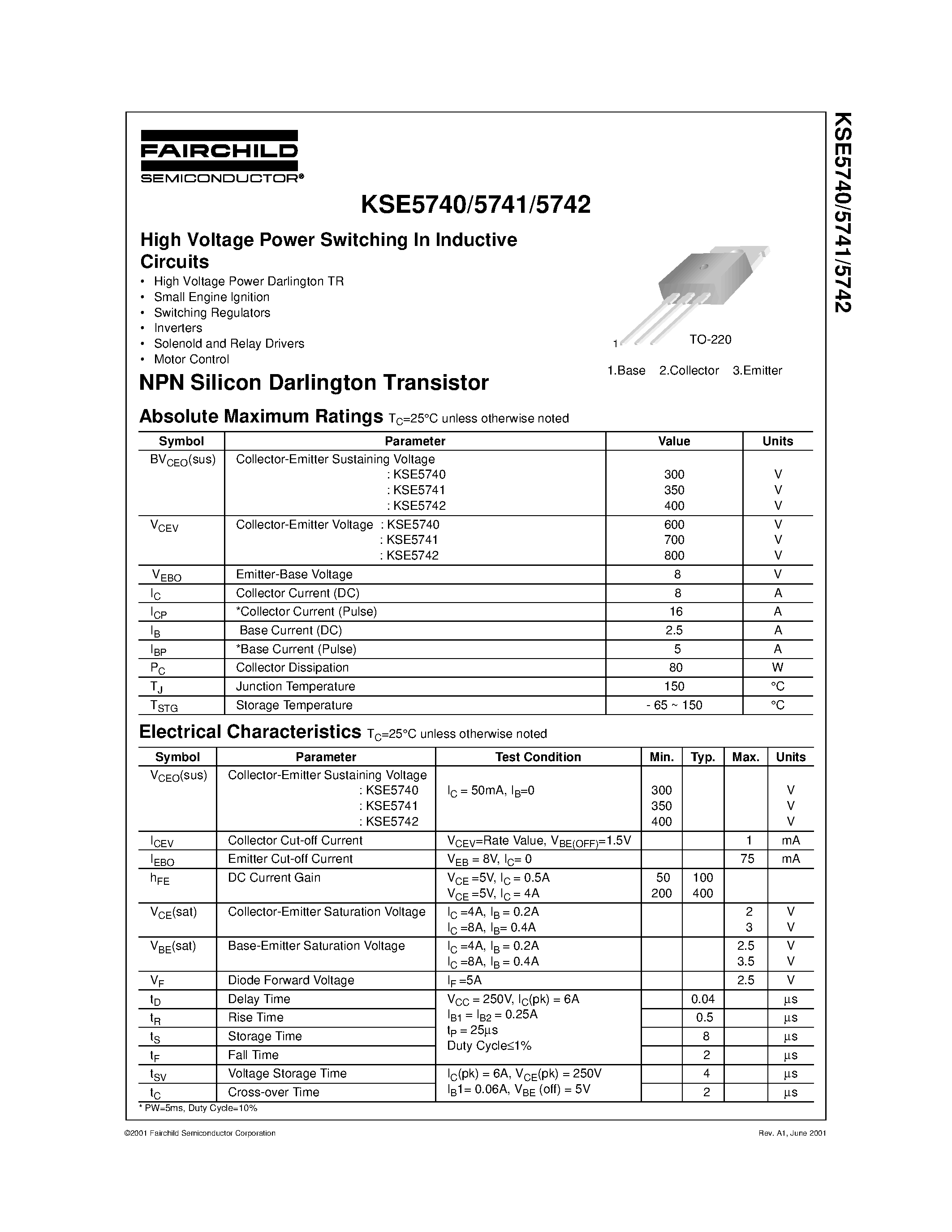 Datasheet KSE5741 page 1 Datasheet KSE5741 - High Voltage Power Switching In Inductive Circuits page 1