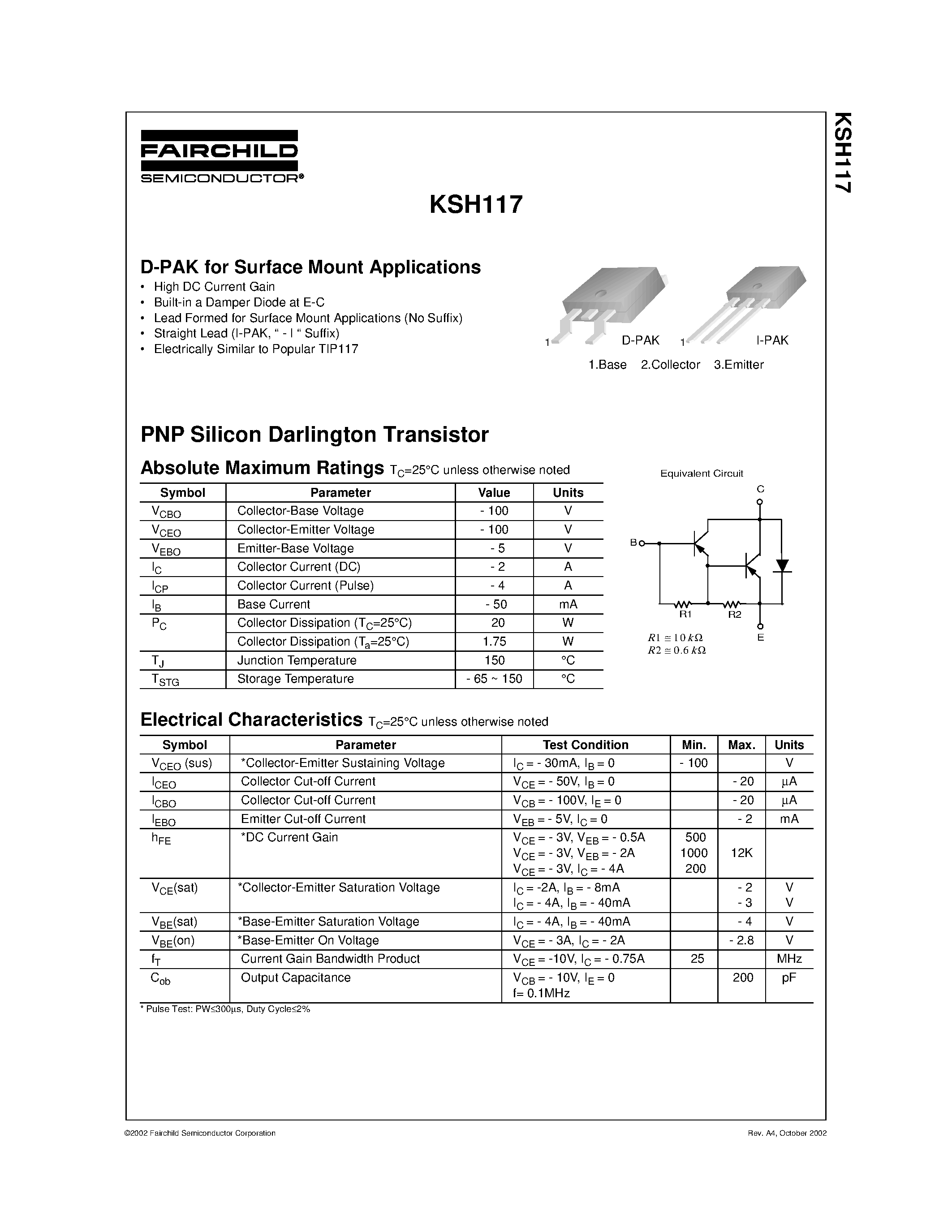 Даташит KSH117 - D-PAK for Surface Mount Applications страница 1