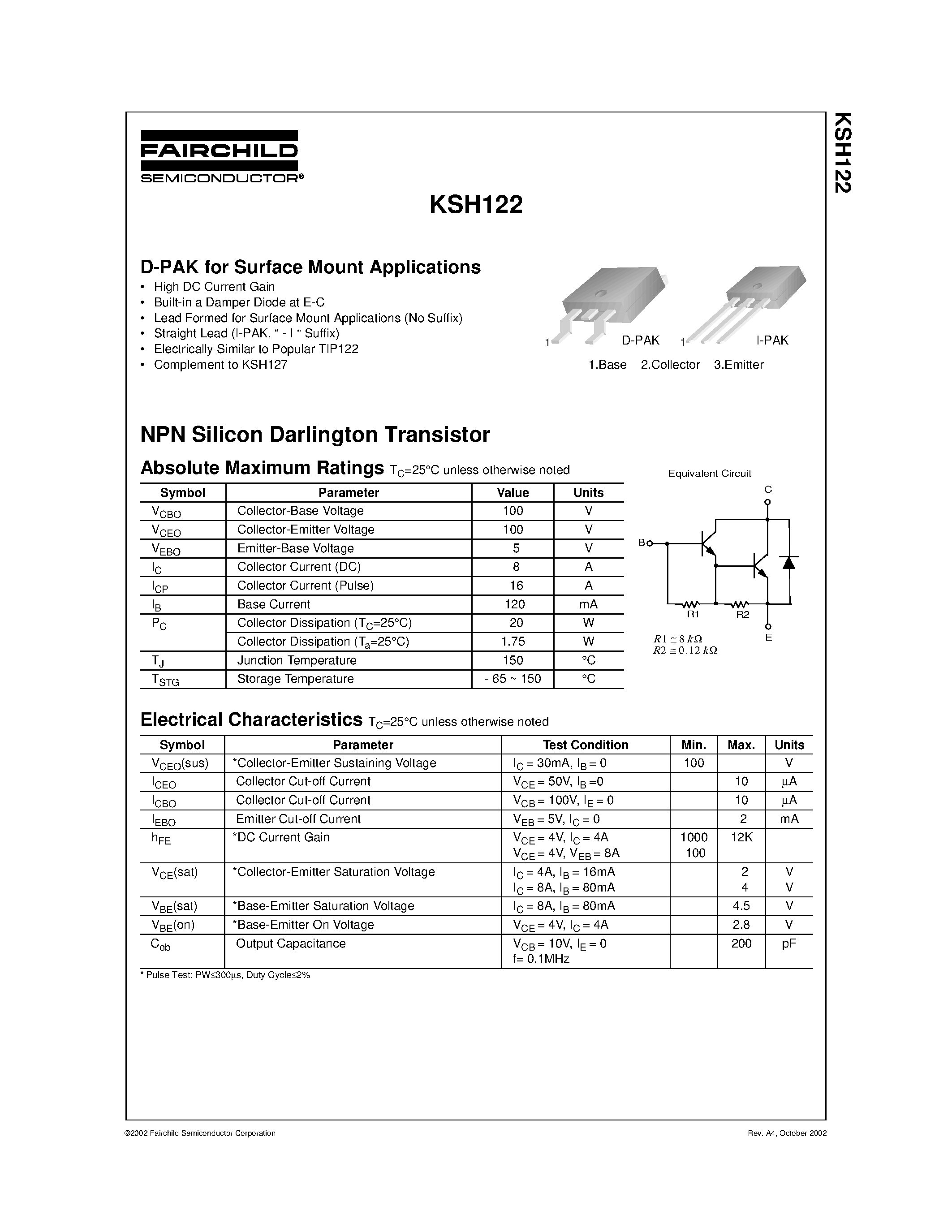 Даташит KSH122 - D-PAK for Surface Mount Applications страница 1