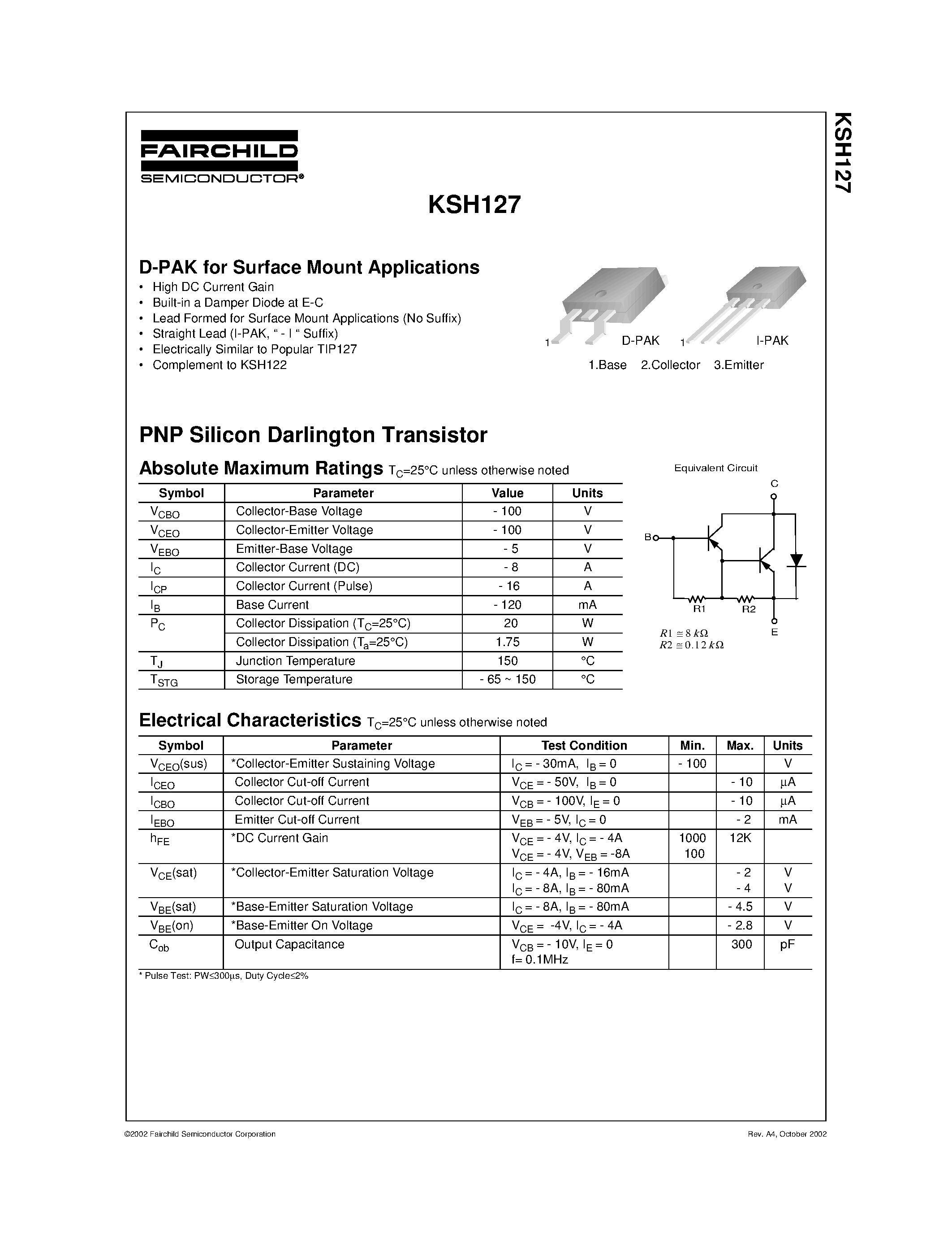 Даташит KSH127 - D-PAK for Surface Mount Applications страница 1