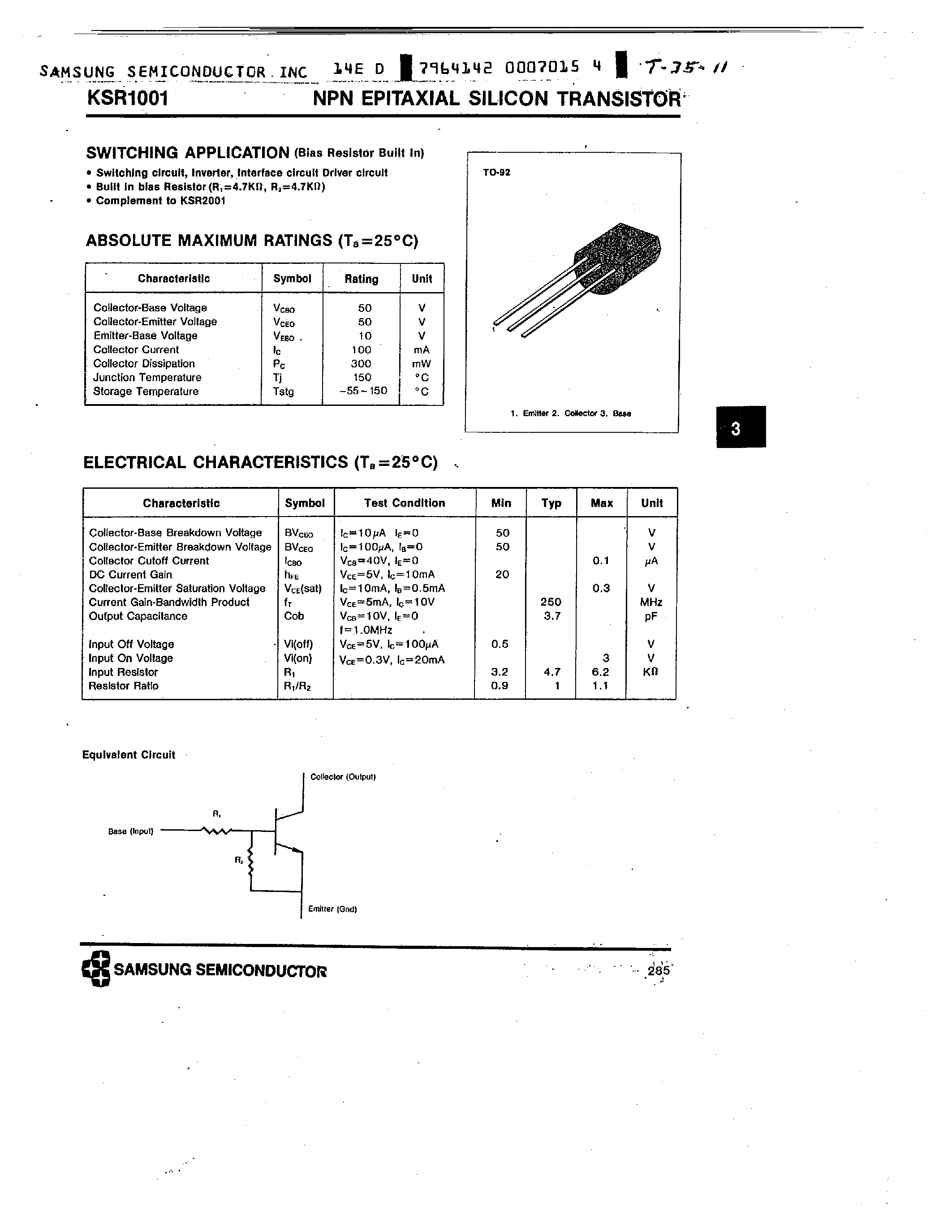 Datasheet KSR1001 - NPN (SWITCHING APPLICATION) page 1