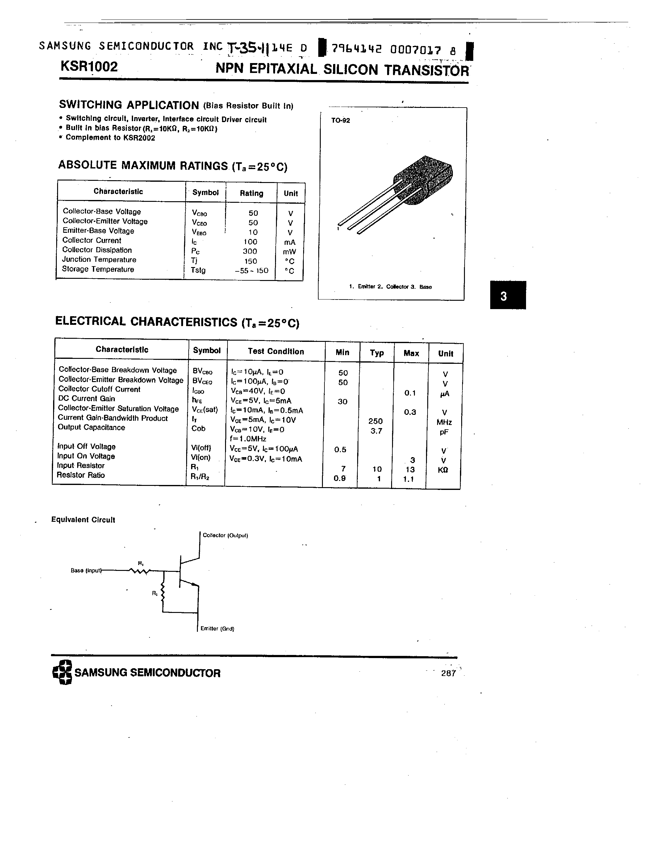 Даташит KSR1002 - NPN (SWITCHING APPLICATION) страница 1