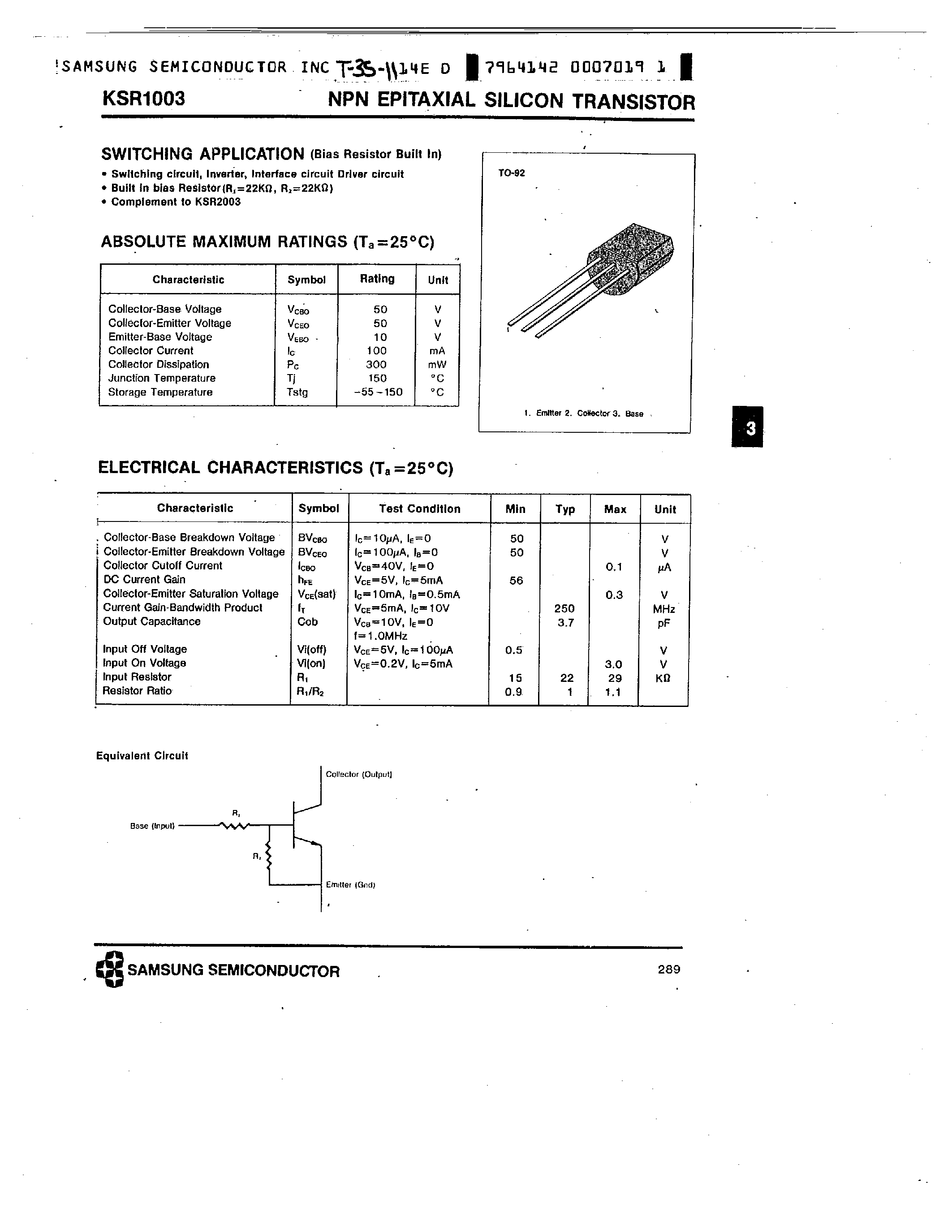 Datasheet KSR1003 - NPN (SWITCHING APPLICATIONS) page 1