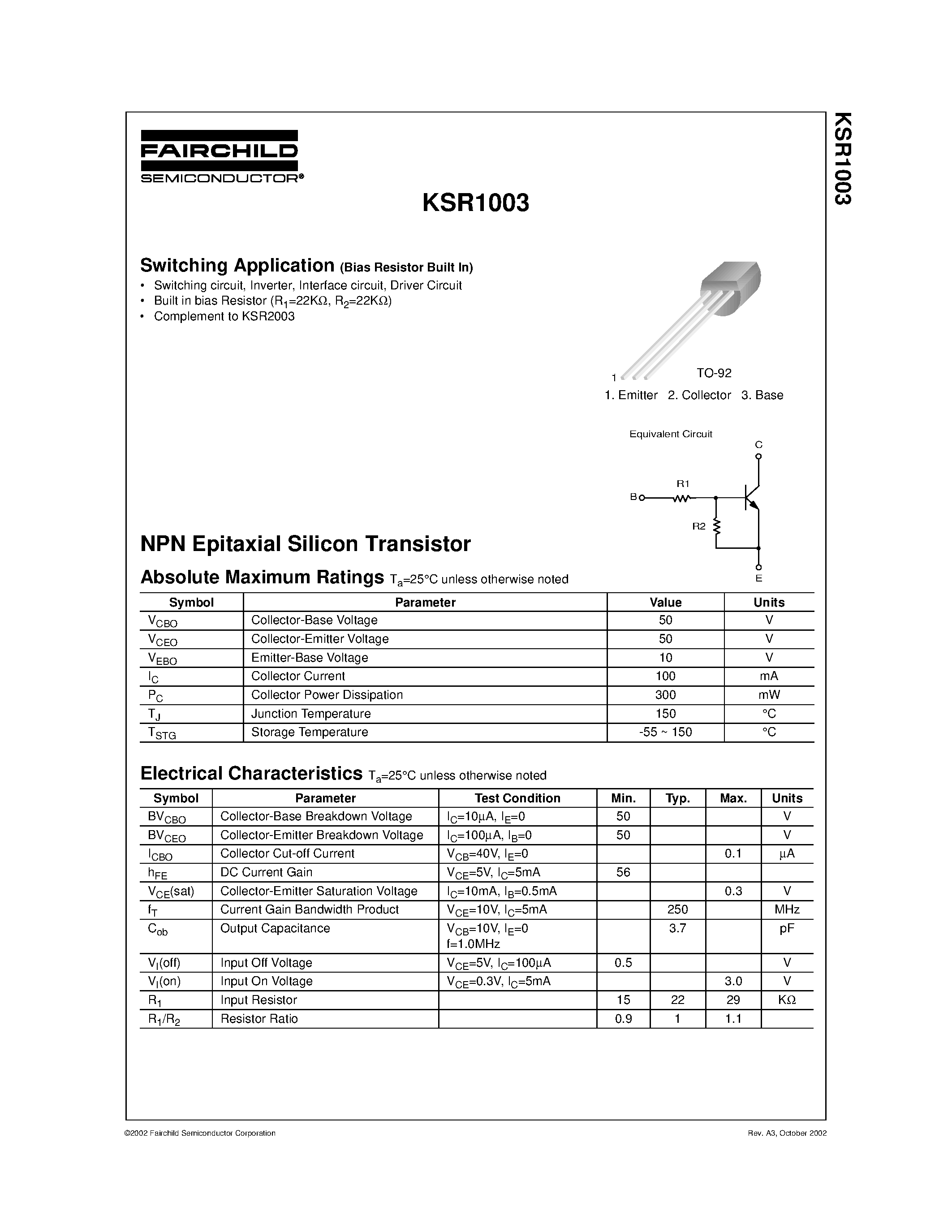 Даташит на микросхему KSR1003 страница 1 Даташит KSR1003 - Switching Application страница 1
