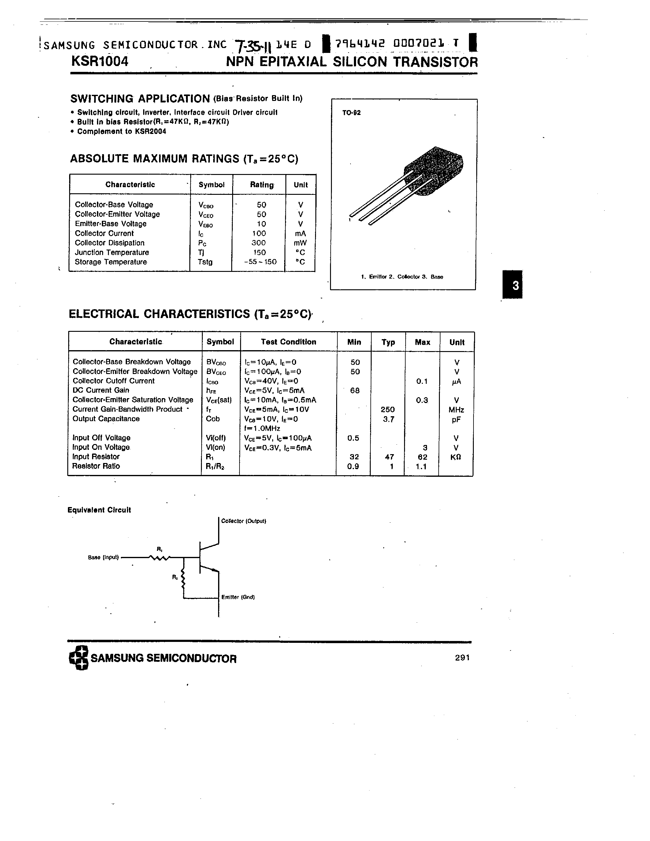 Даташит KSR1004 - NPN (SWITCHING APPLICATION) страница 1