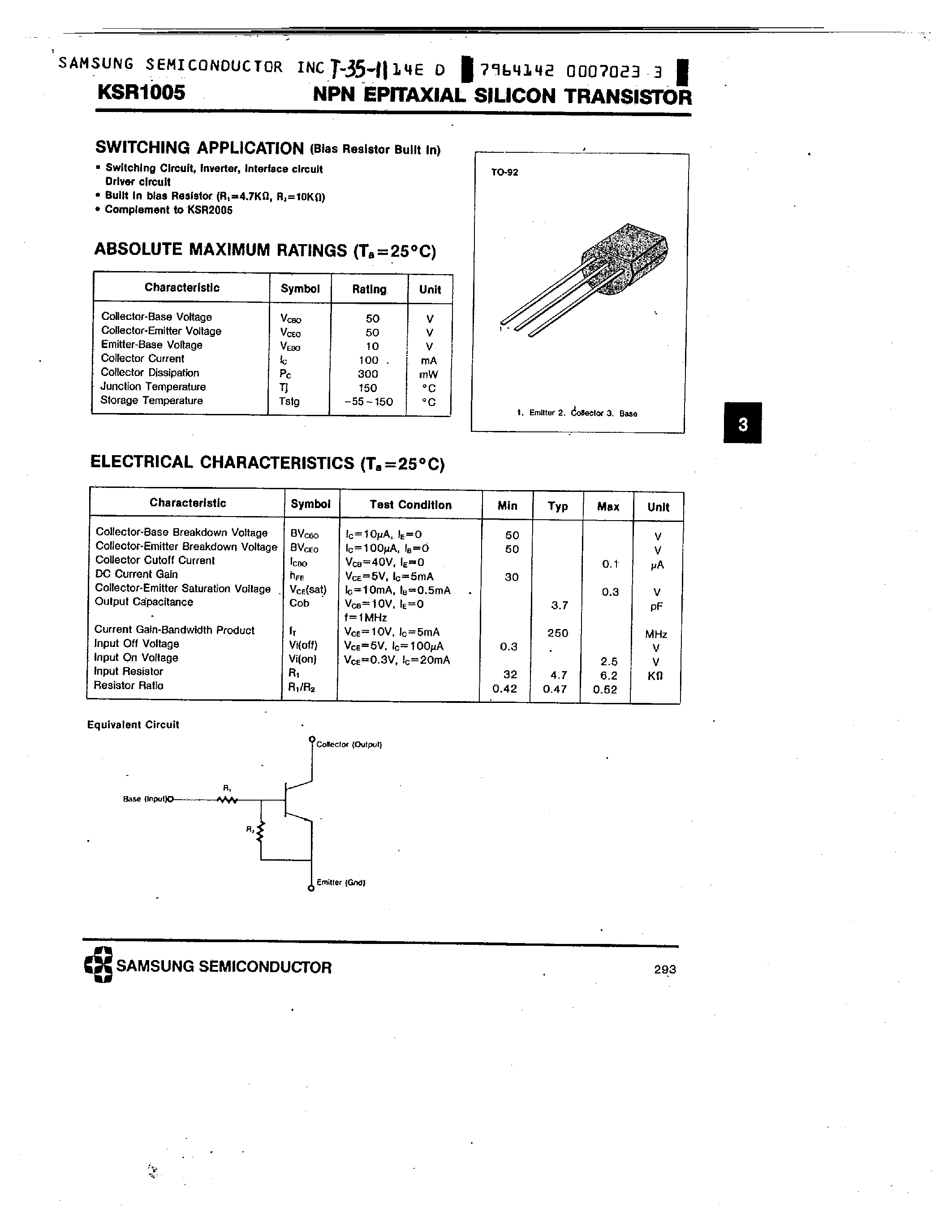 Даташит KSR1005 - NPN (SWITCHING APPLICATION) страница 1