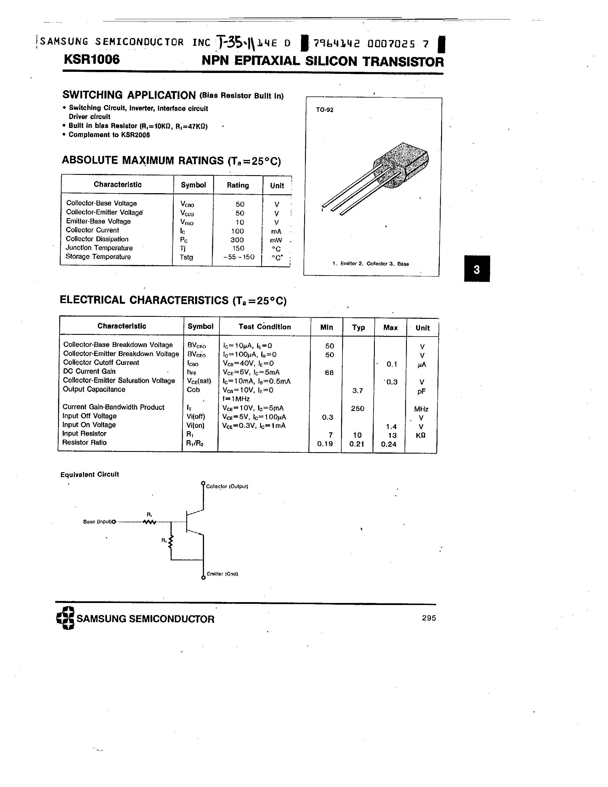 Datasheet KSR1006 - NPN (SWITCHING APPLICATION) page 1