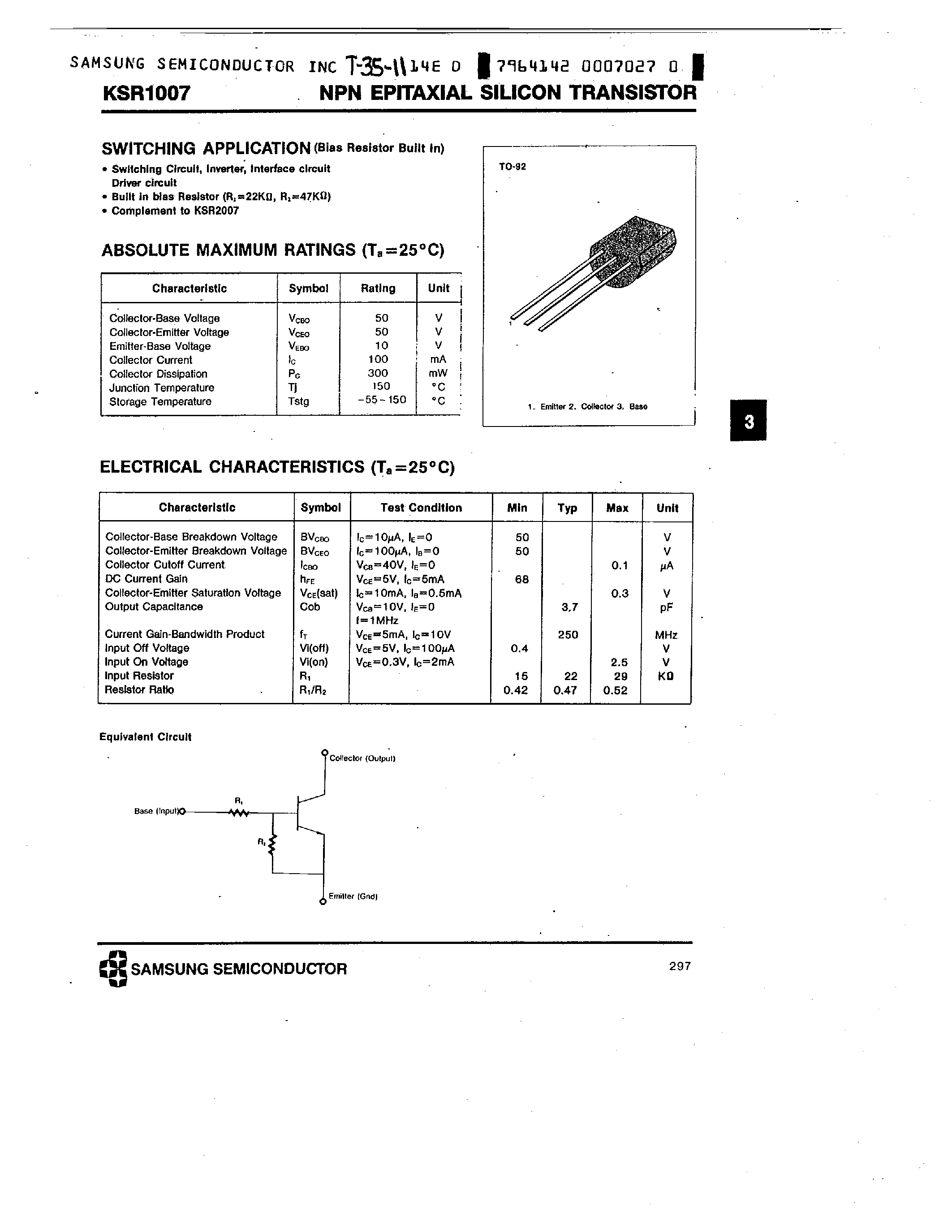 Datasheet KSR1007 - NPN SWITCHING APPLICATION) page 1