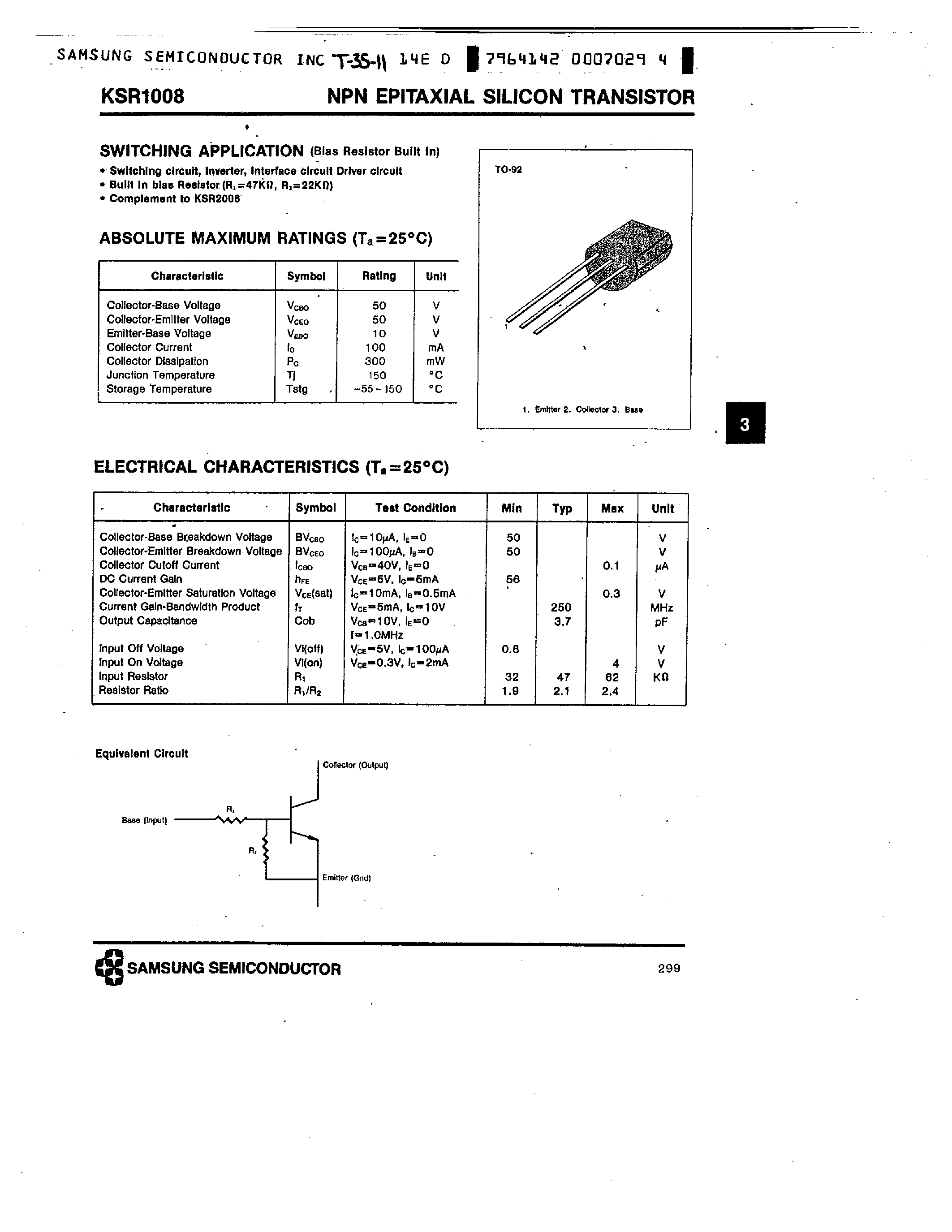 Даташит KSR1008 - NPN (SWITCHING APPLICATION) страница 1
