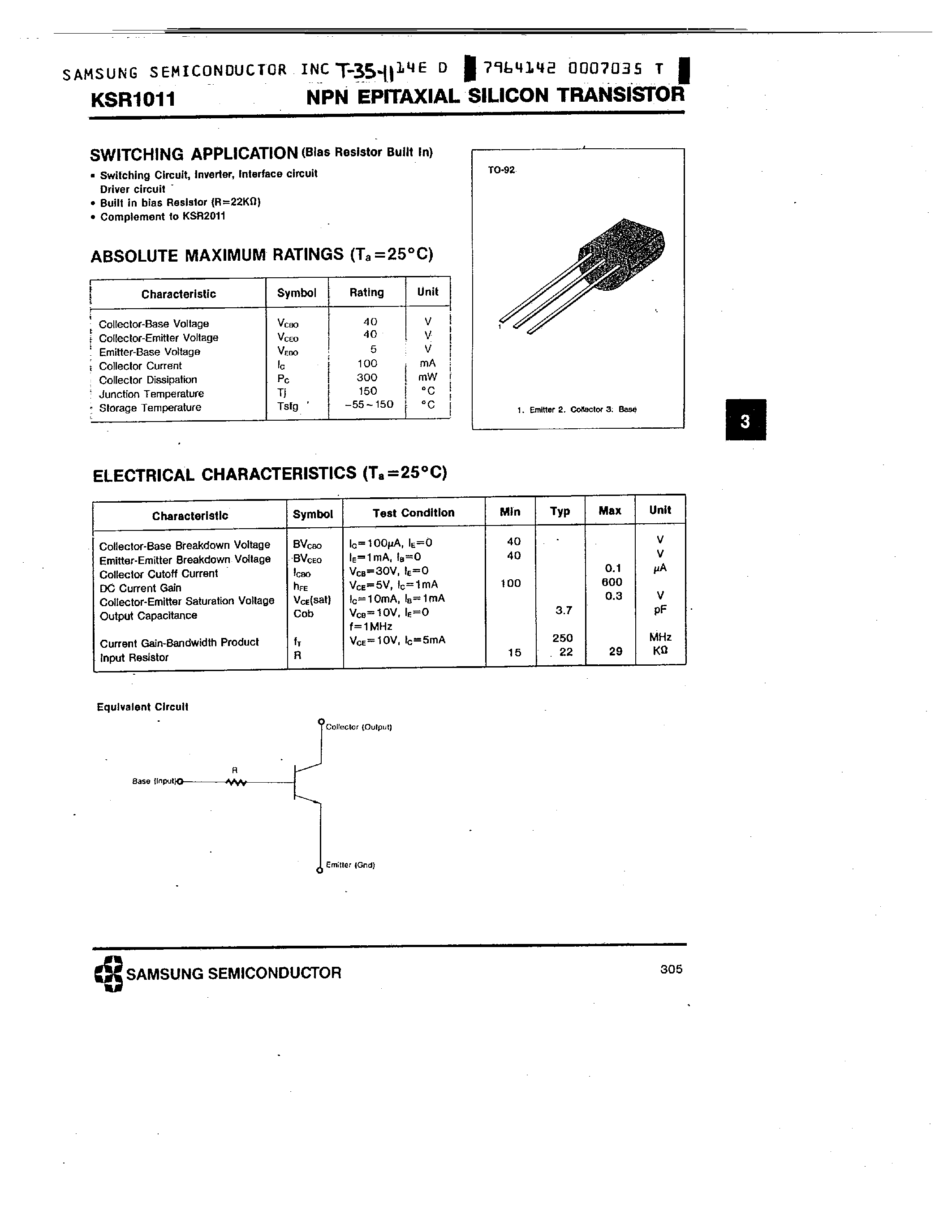Даташит на микросхему KSR1011 страница 1 Даташит KSR1011 - NPN (SWITCHING APPLICATION) страница 1