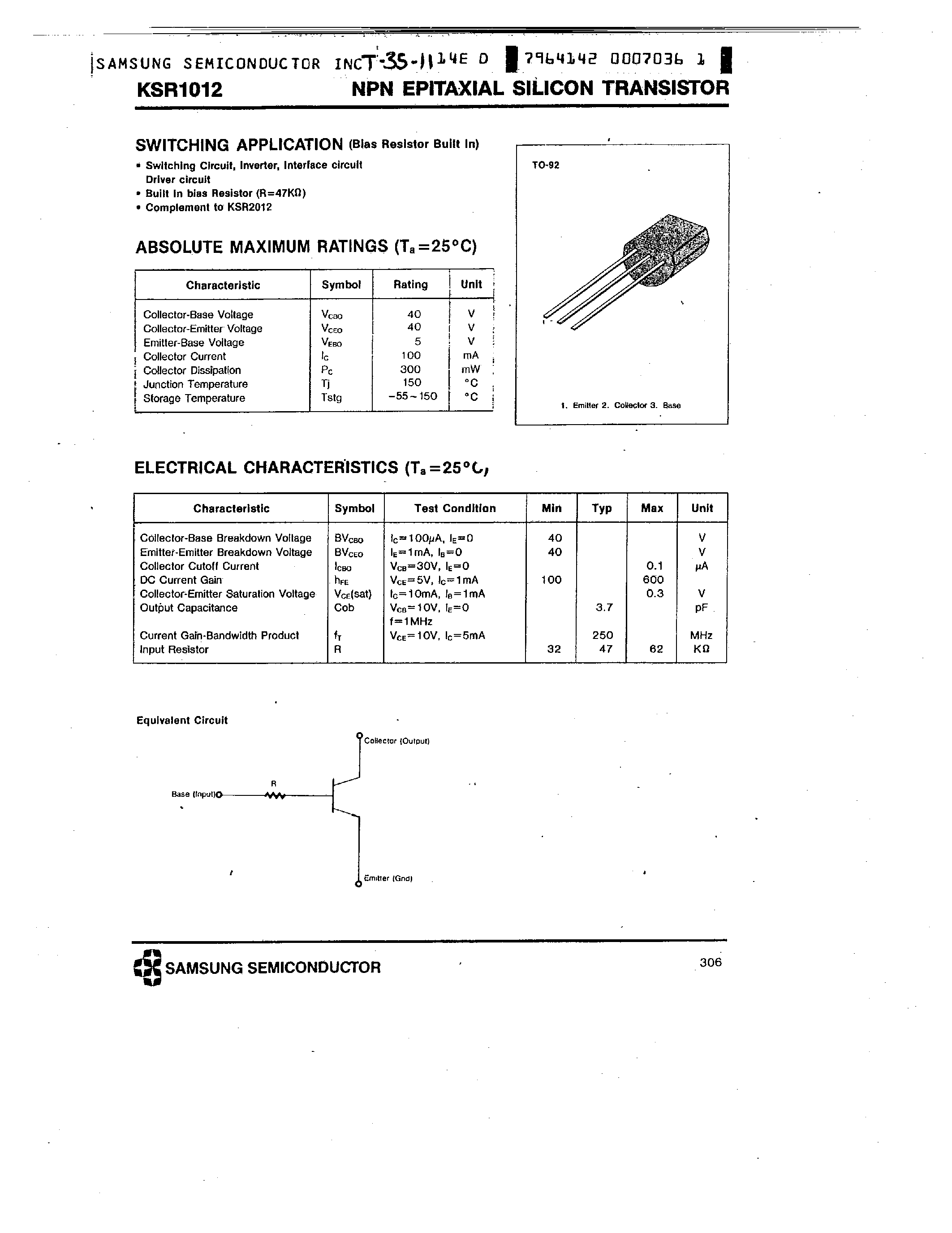 Даташит на микросхему KSR1012 страница 1 Даташит KSR1012 - NPN (SWITCHING APPLICATION) страница 1