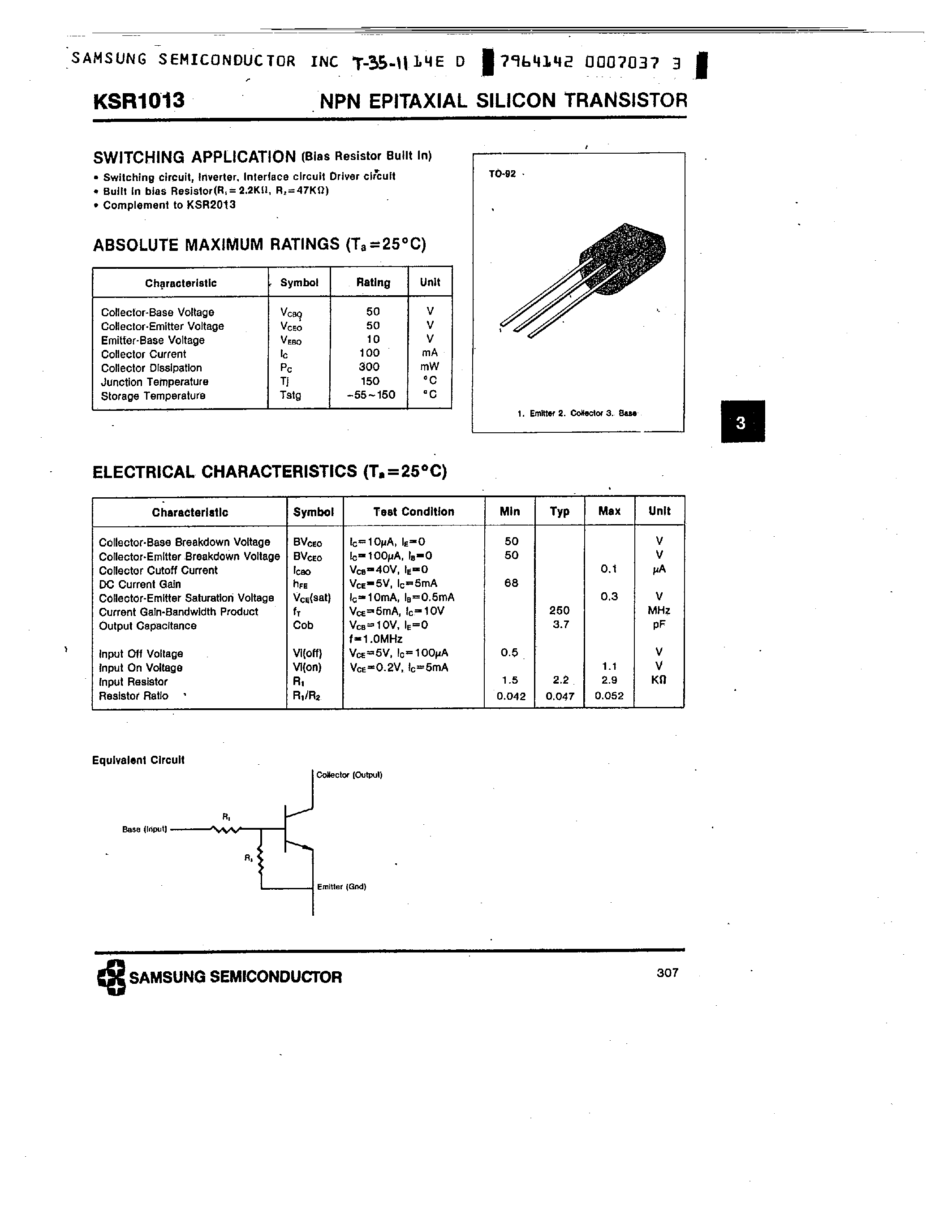 Даташит на микросхему KSR1013 страница 1 Даташит KSR1013 - NPN (SWITCHING APPLICATION) страница 1