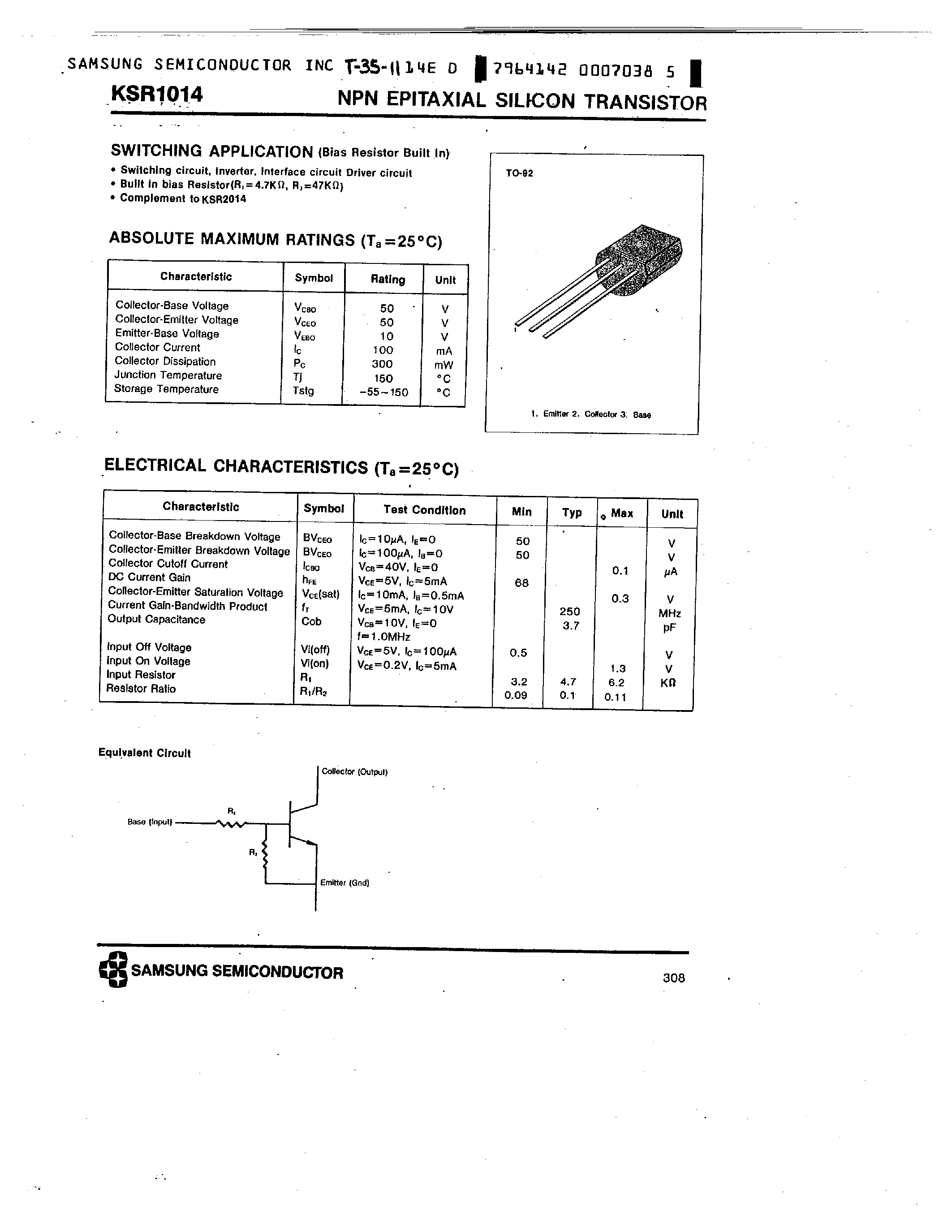 Даташит на микросхему KSR1014 страница 1 Даташит KSR1014 - NPN (SWITCHING APPLICATION) страница 1