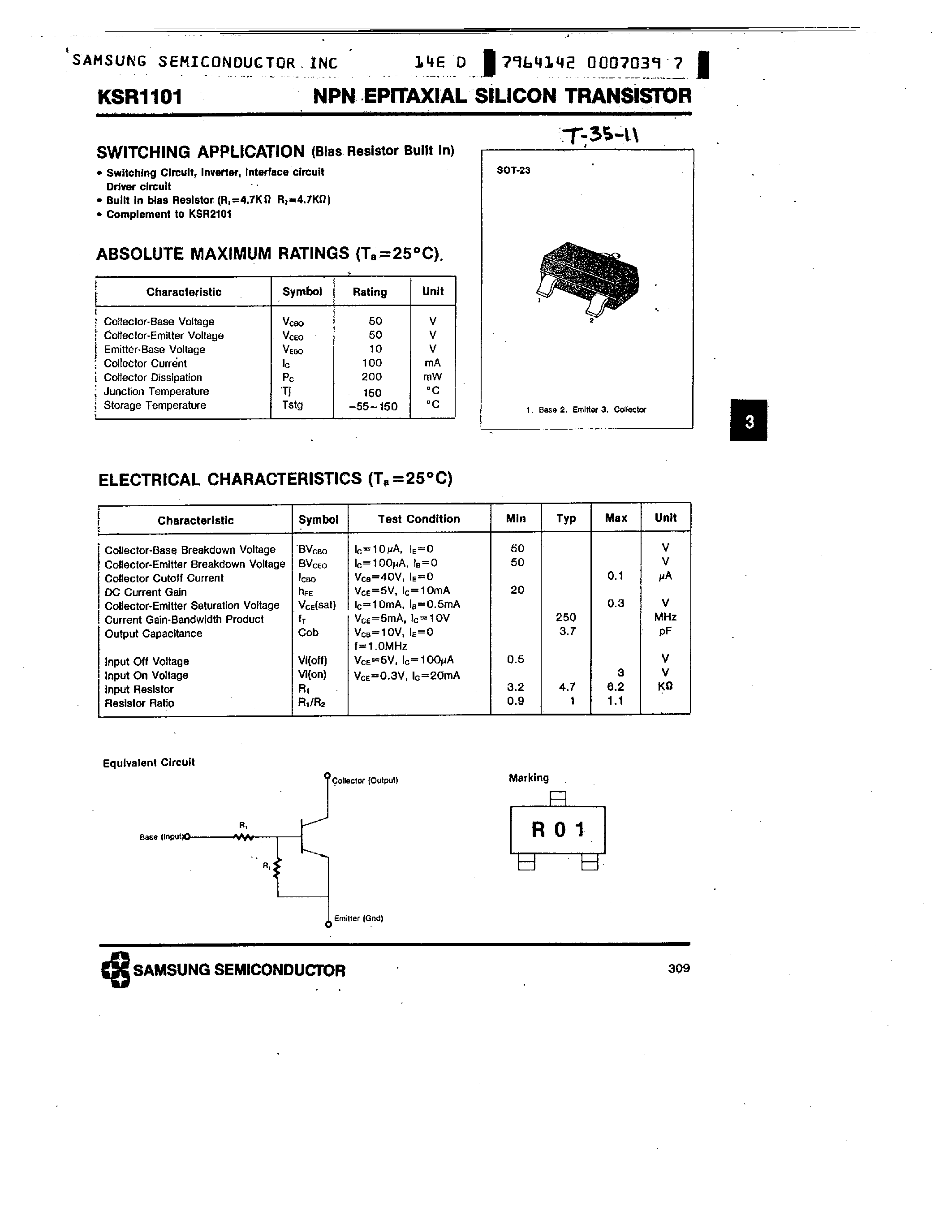 Datasheet KSR1101 - NPN (SWITCHING APPLICATION) page 1