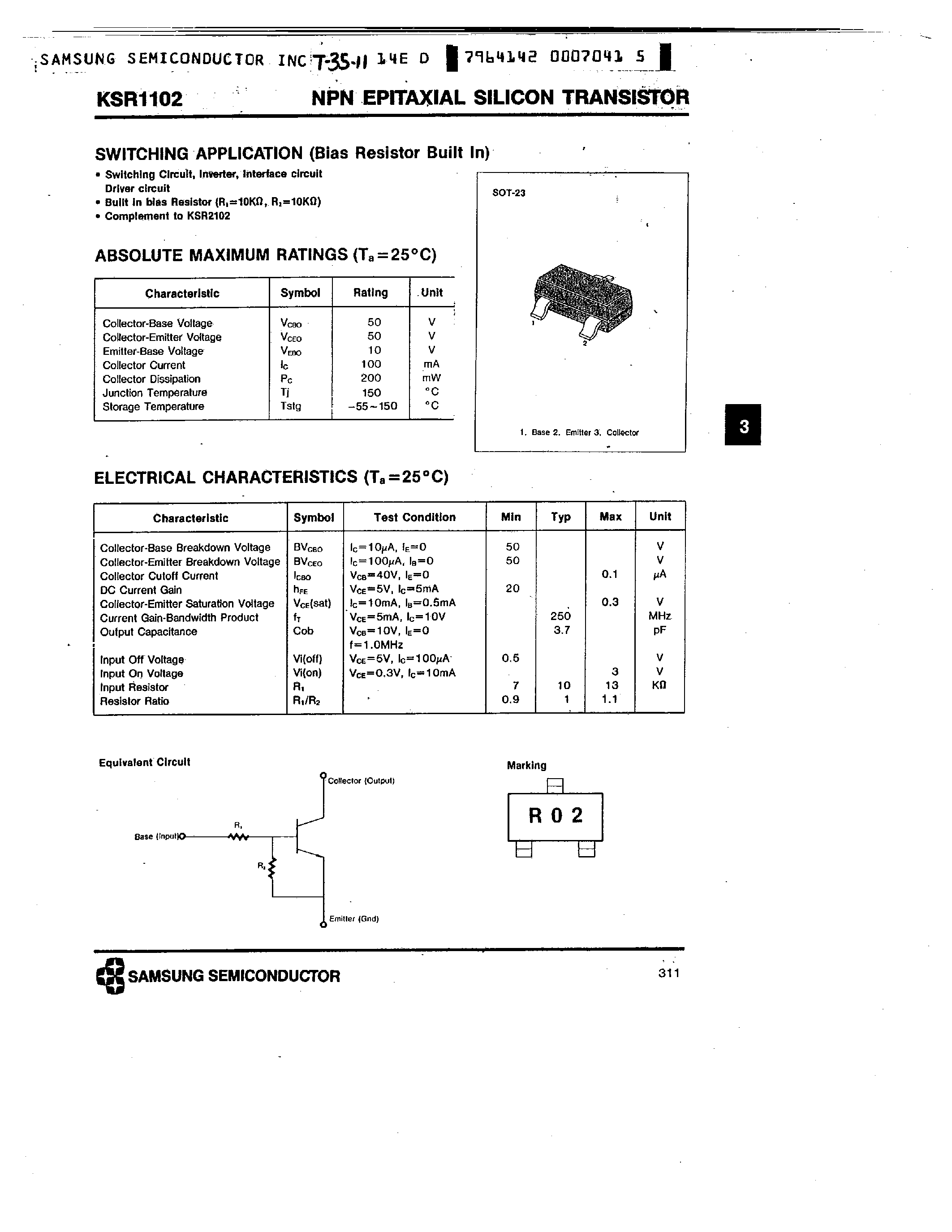 Datasheet KSR1102 - NPN (SWITCHING APPLICATION) page 1