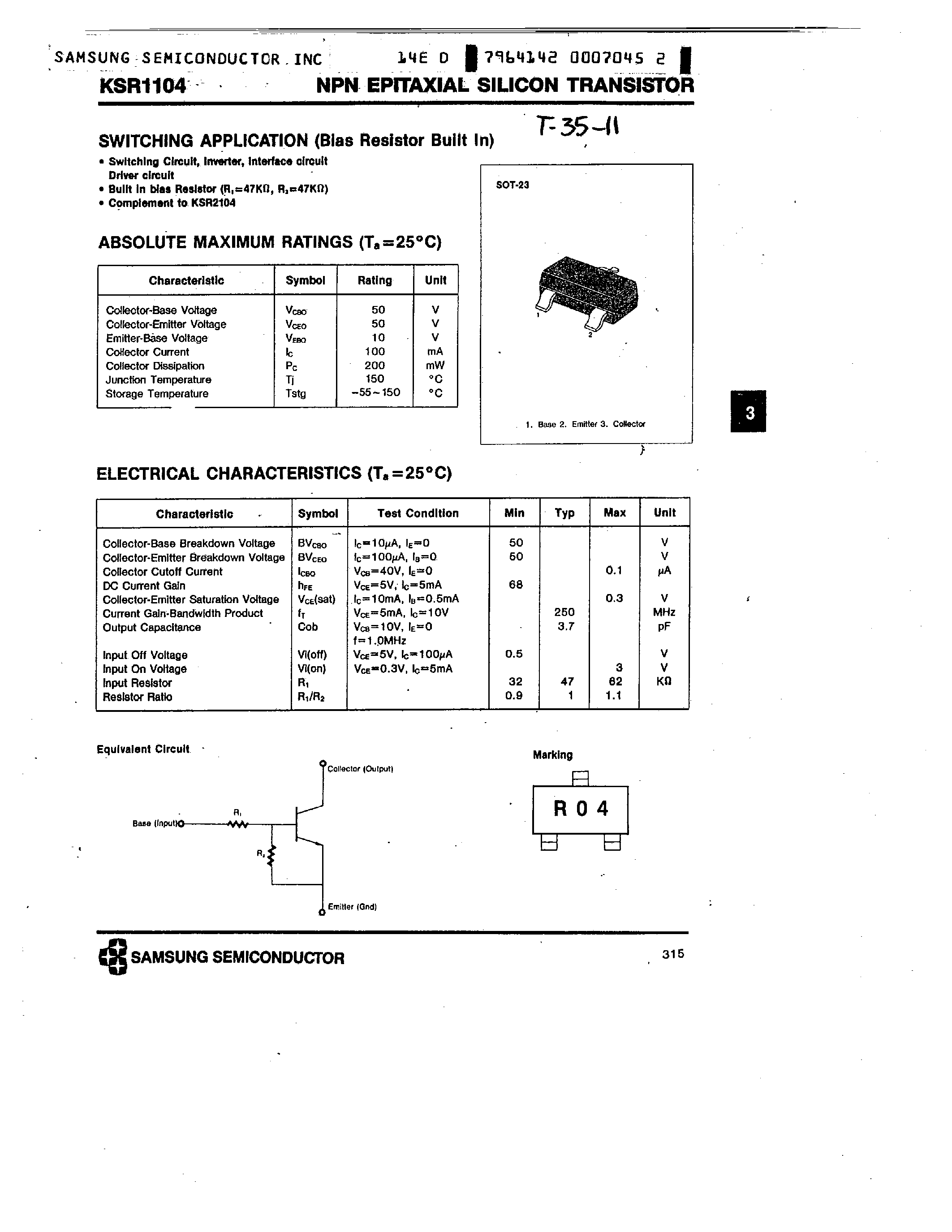 Datasheet KSR1104 - NPN (SWITCHING APPLICATION) page 1