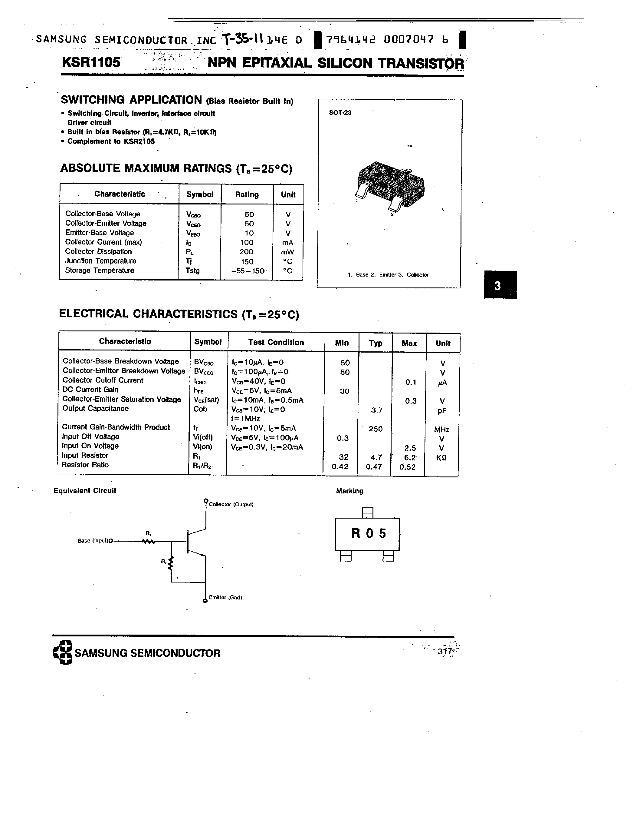 Даташит на микросхему KSR1105 страница 1 Даташит KSR1105 - NPN (SWITCHING APPLICATION) страница 1