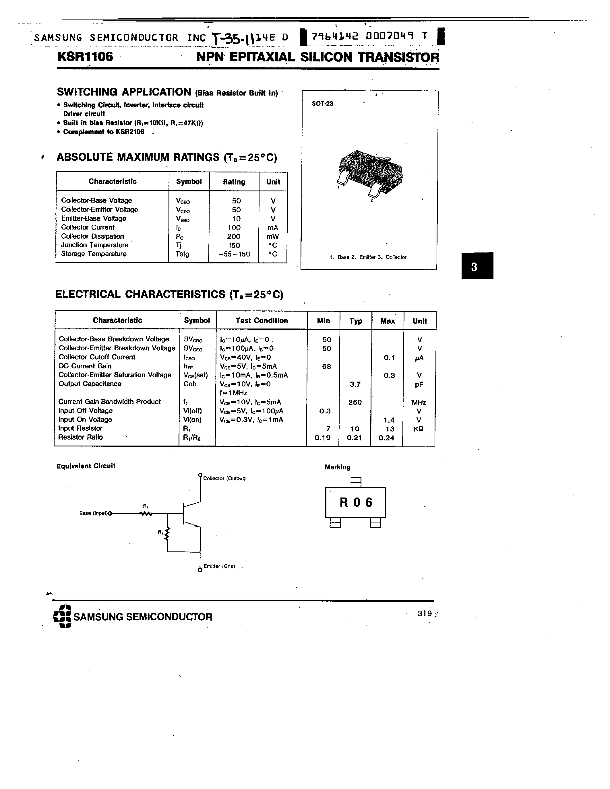 Даташит на микросхему KSR1106 страница 1 Даташит KSR1106 - NPN (SWITCHING APPLICATION) страница 1