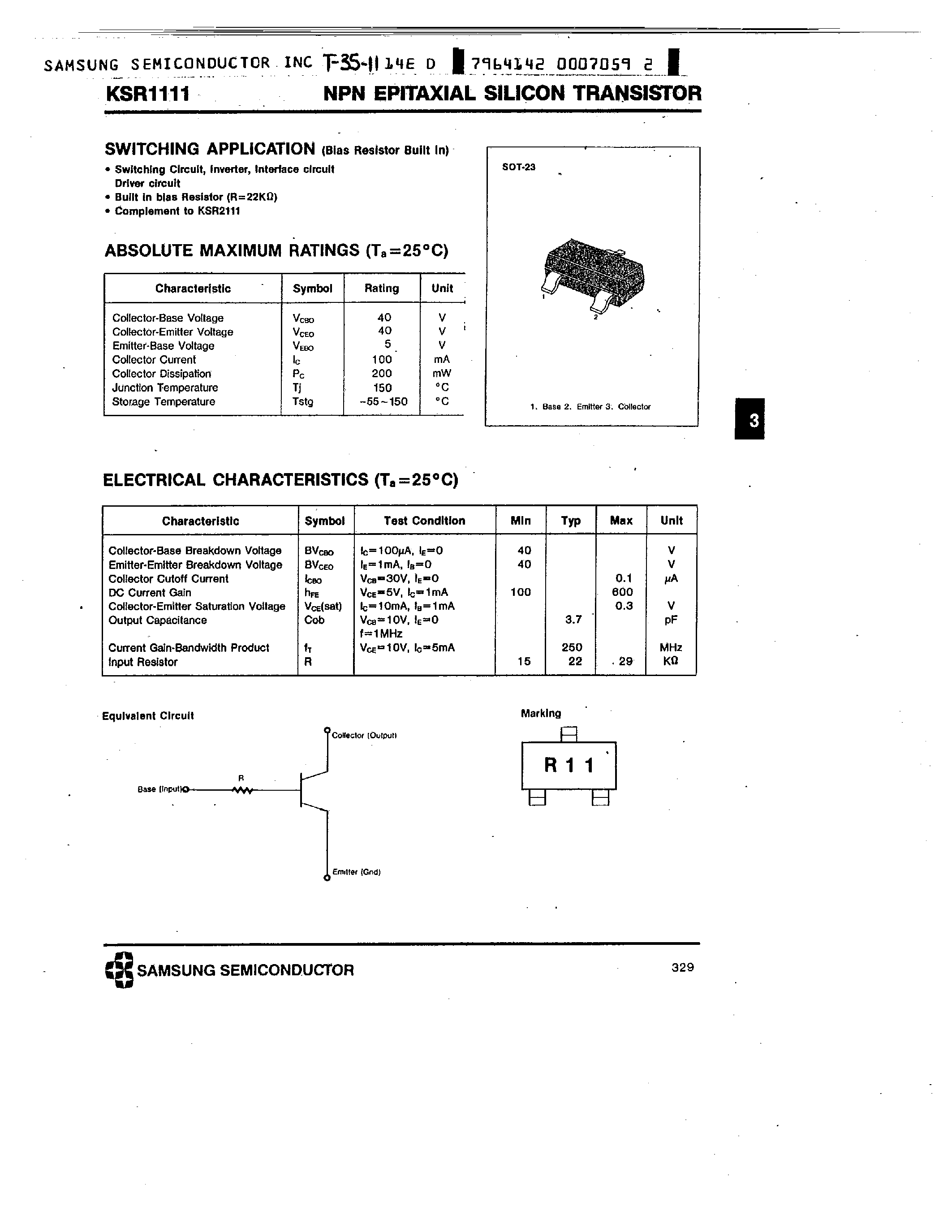 Даташит на микросхему KSR1111 страница 1 Даташит KSR1111 - NPN (SWITCHING APPLICATION) страница 1