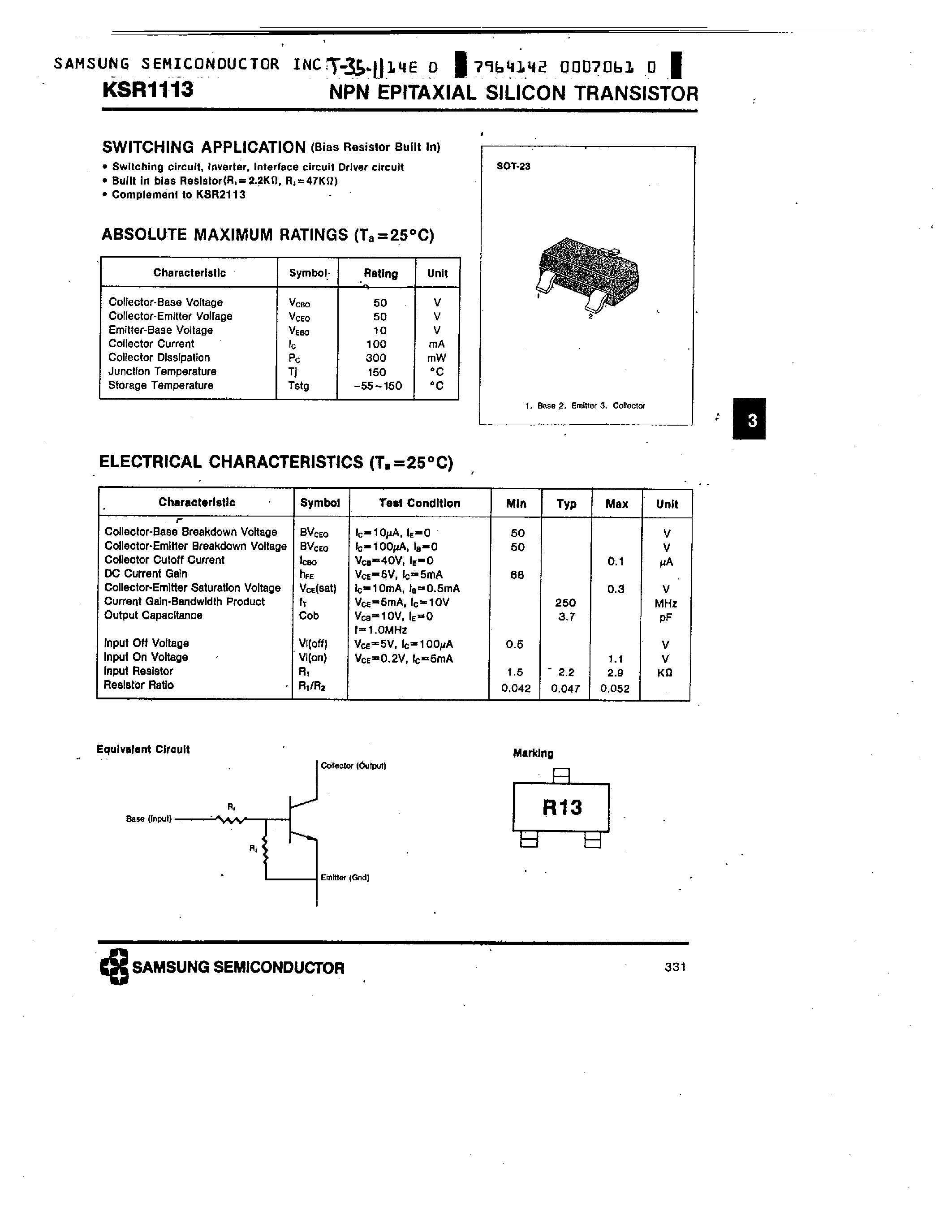 Даташит на микросхему KSR1113 страница 1 Даташит KSR1113 - NPN (SWITCHING APPLICATION) страница 1