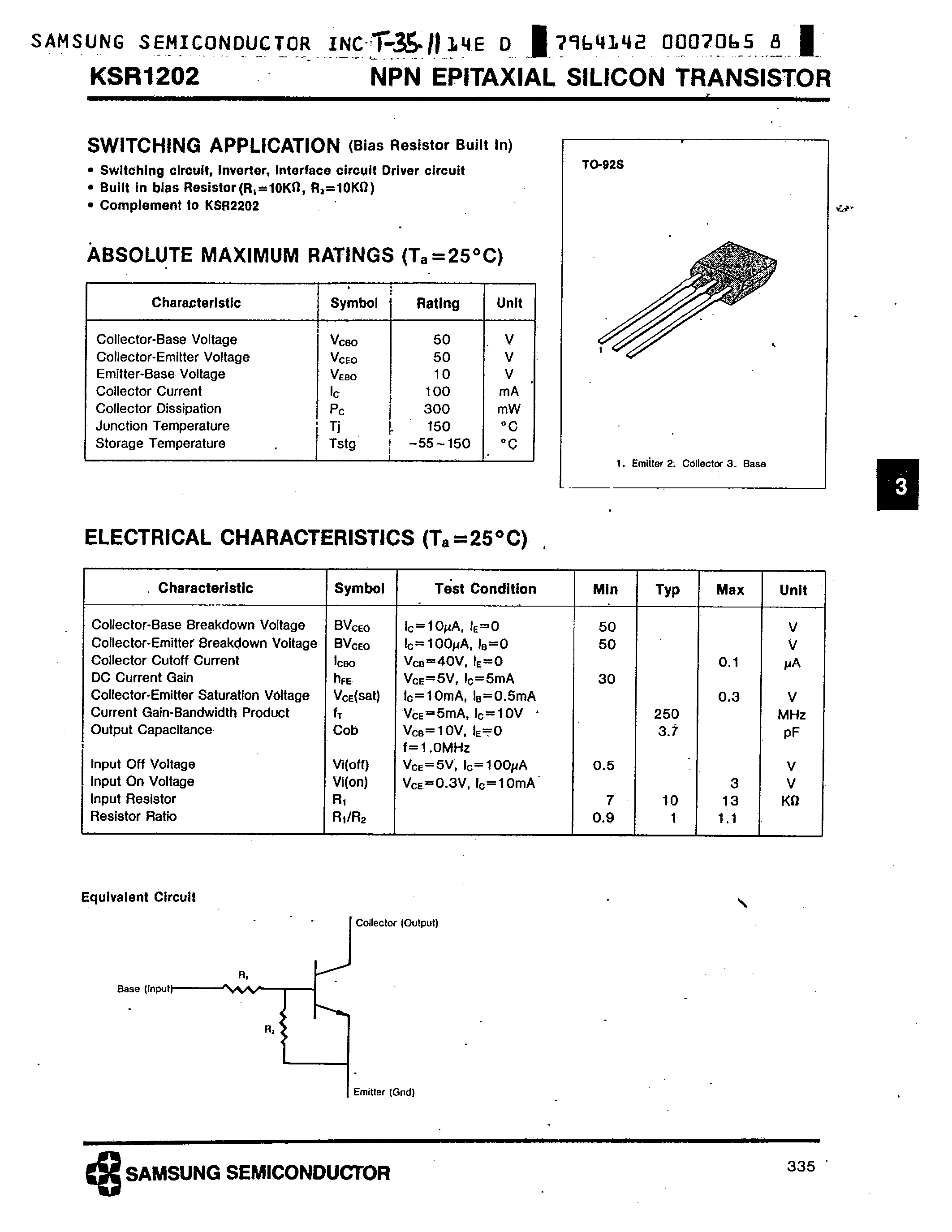 Даташит на микросхему KSR1202 страница 1 Даташит KSR1202 - NPN (SWITCHING APPLICATION) страница 1