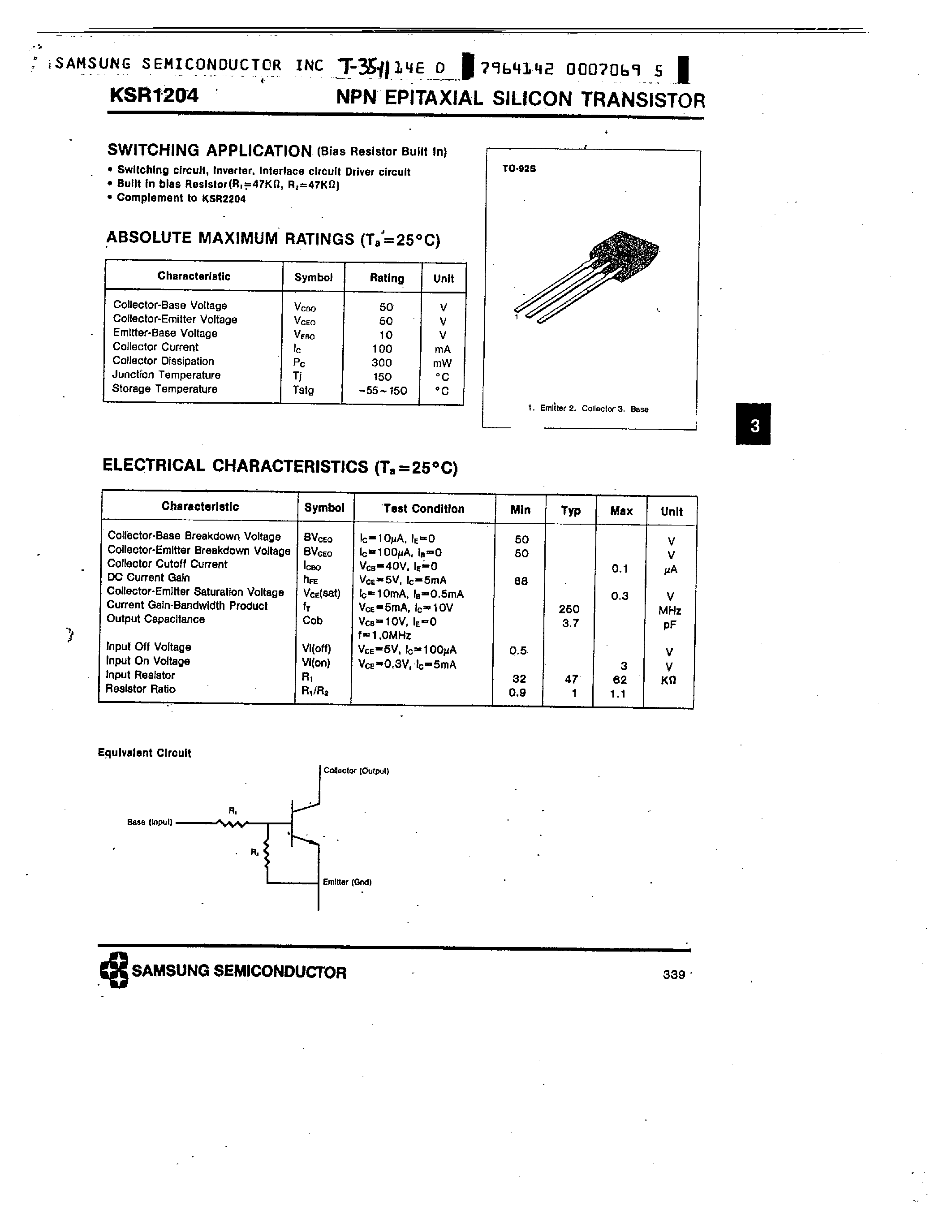 Даташит на микросхему KSR1204 страница 1 Даташит KSR1204 - NPN (SWITCHING APPLICATION) страница 1