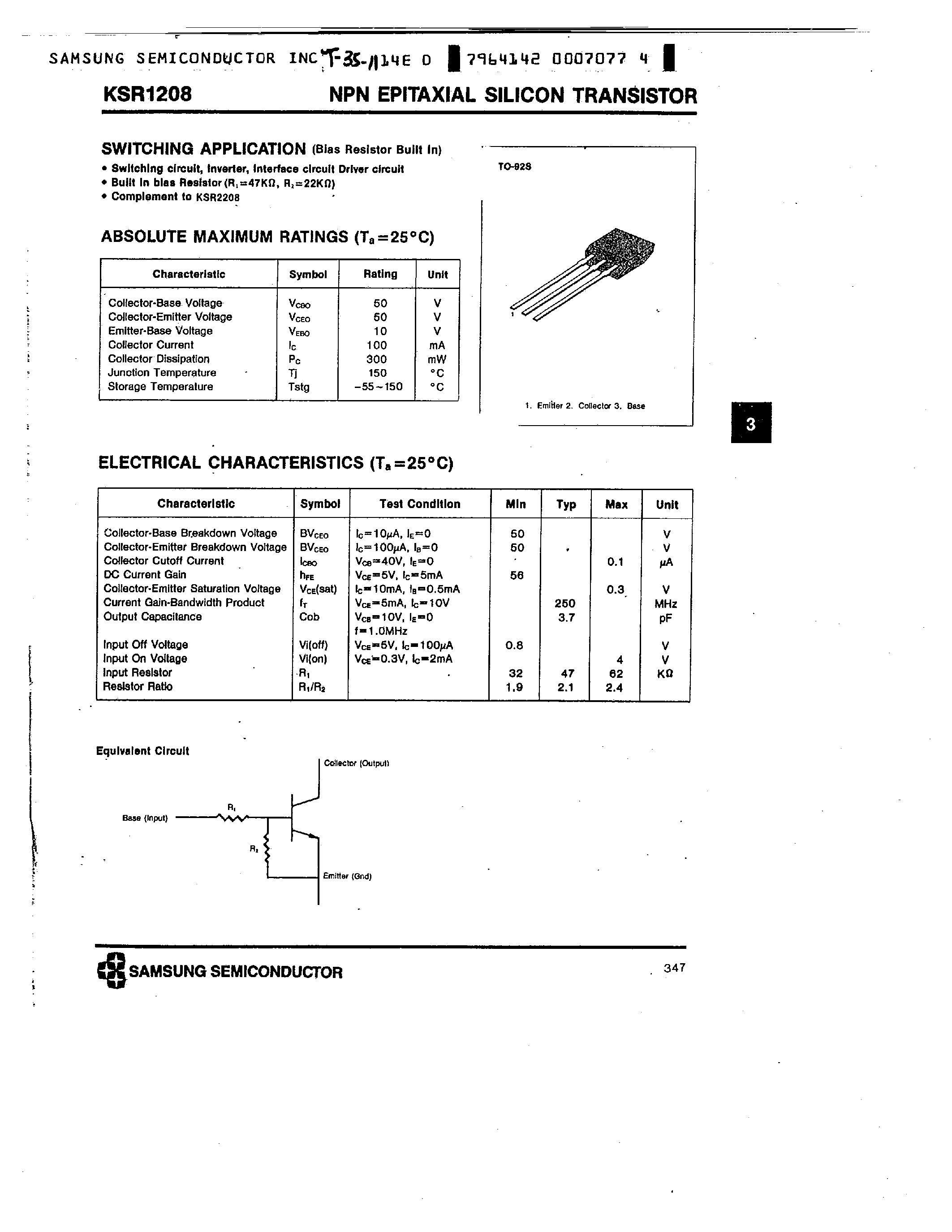 Datasheet KSR1208 page 1 Datasheet KSR1208 - NPN (SWITCHING APPLICATION) page 1