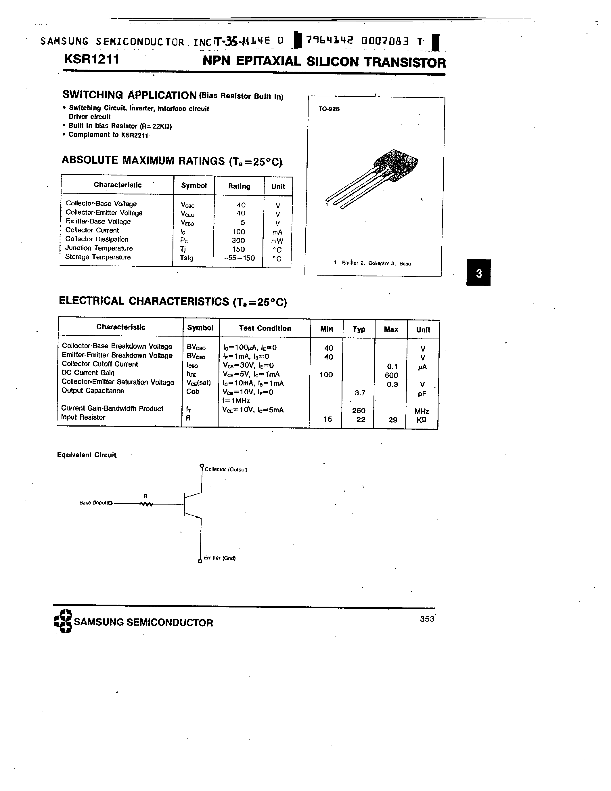 Datasheet KSR1211 - NPN (SWITCHING APPLICATION) page 1