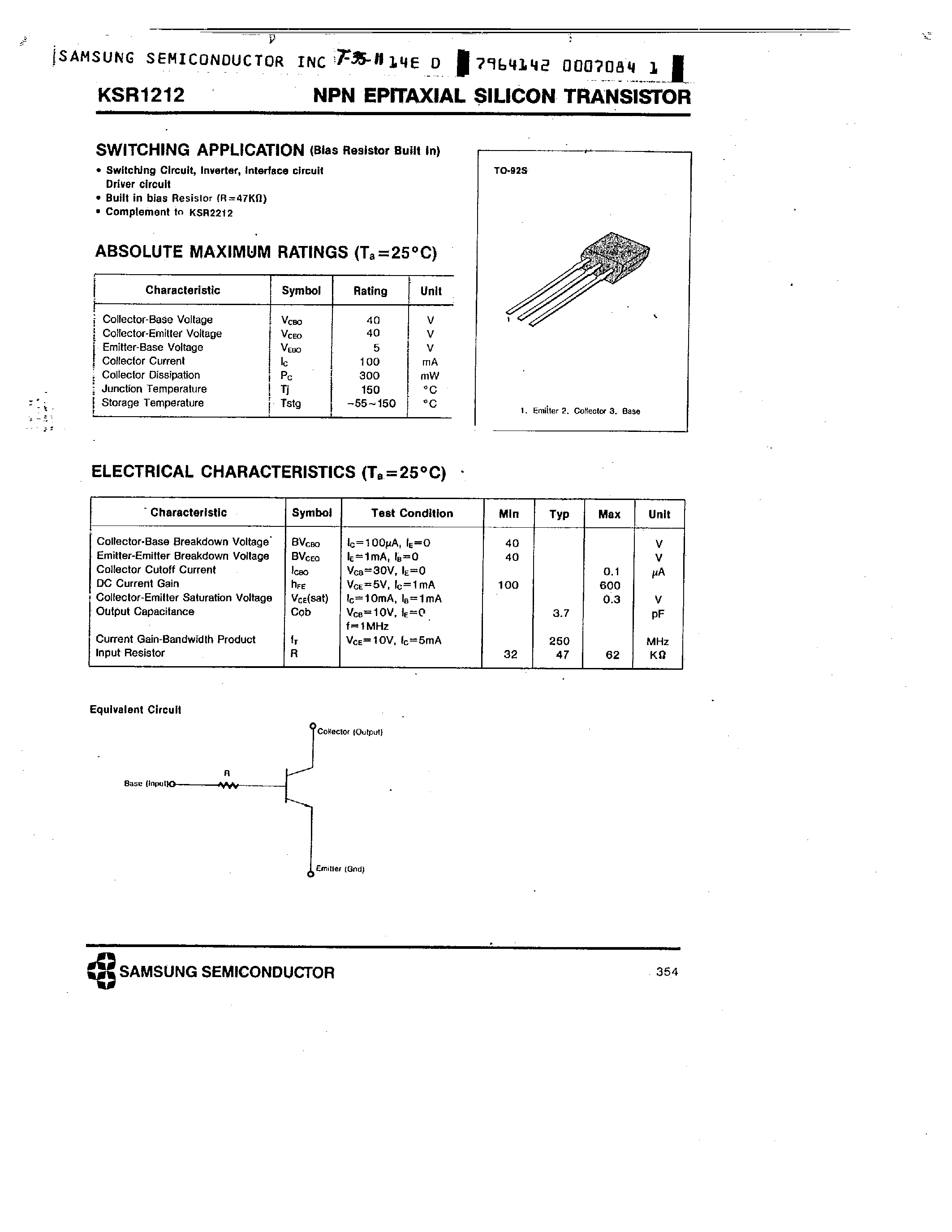 Datasheet KSR1212 page 1 Datasheet KSR1212 - NPN (SWITCHING APPLICATION) page 1