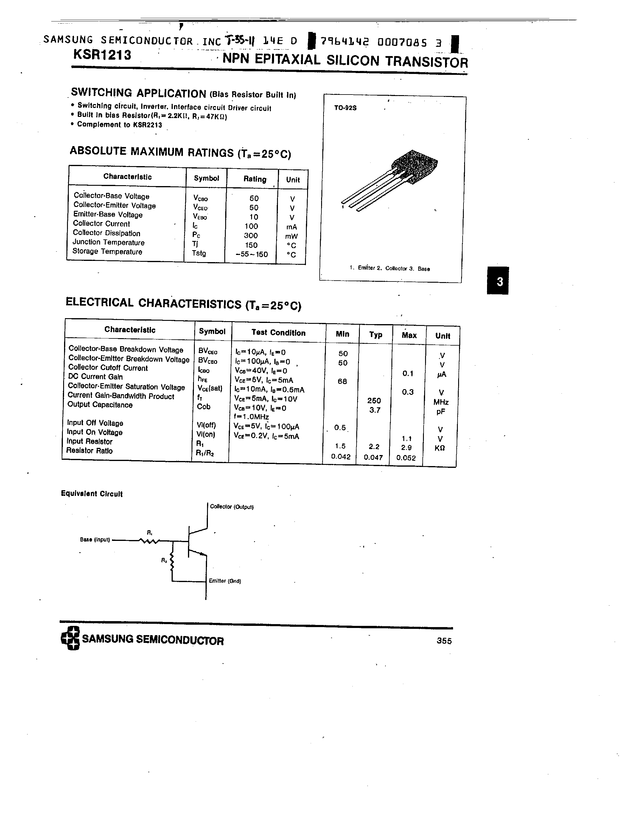 Datasheet KSR1213 page 1 Datasheet KSR1213 - NPN (SWITCHING APPLICATION) page 1