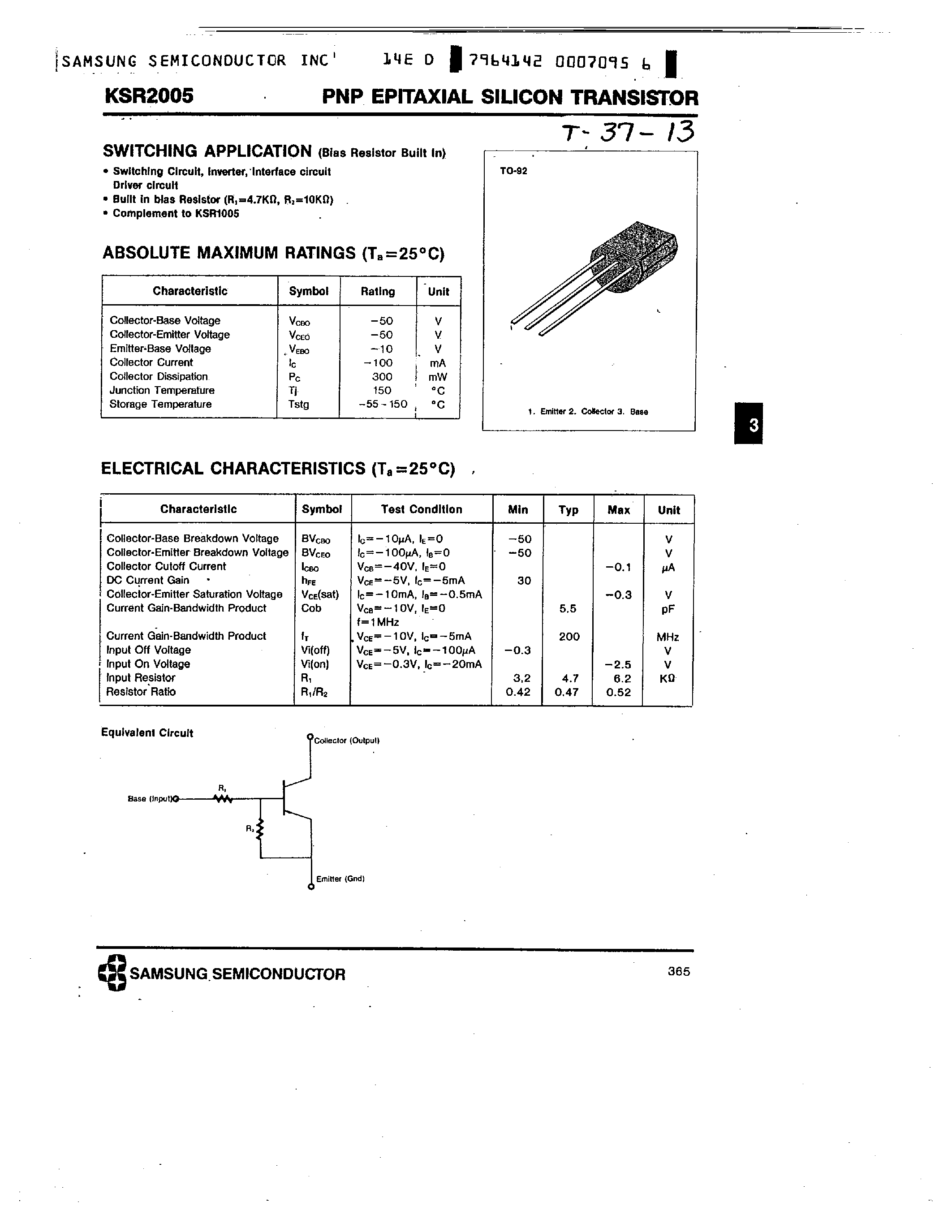 Даташит на микросхему KSR2005 страница 1 Даташит KSR2005 - PNP (SWITCHING APPLICATION) страница 1