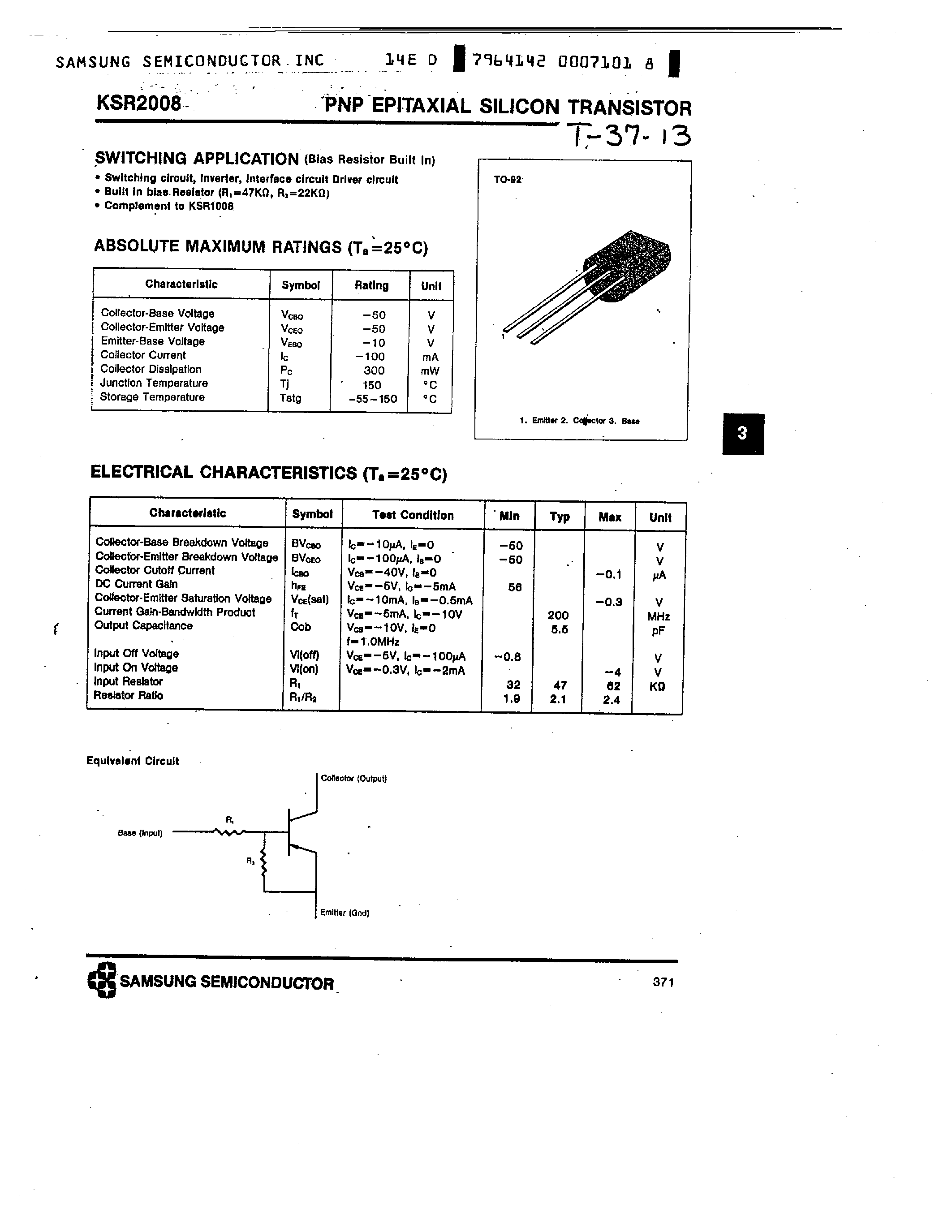 Даташит на микросхему KSR2008 страница 1 Даташит KSR2008 - PNP (SWITCHING APPLICATION) страница 1
