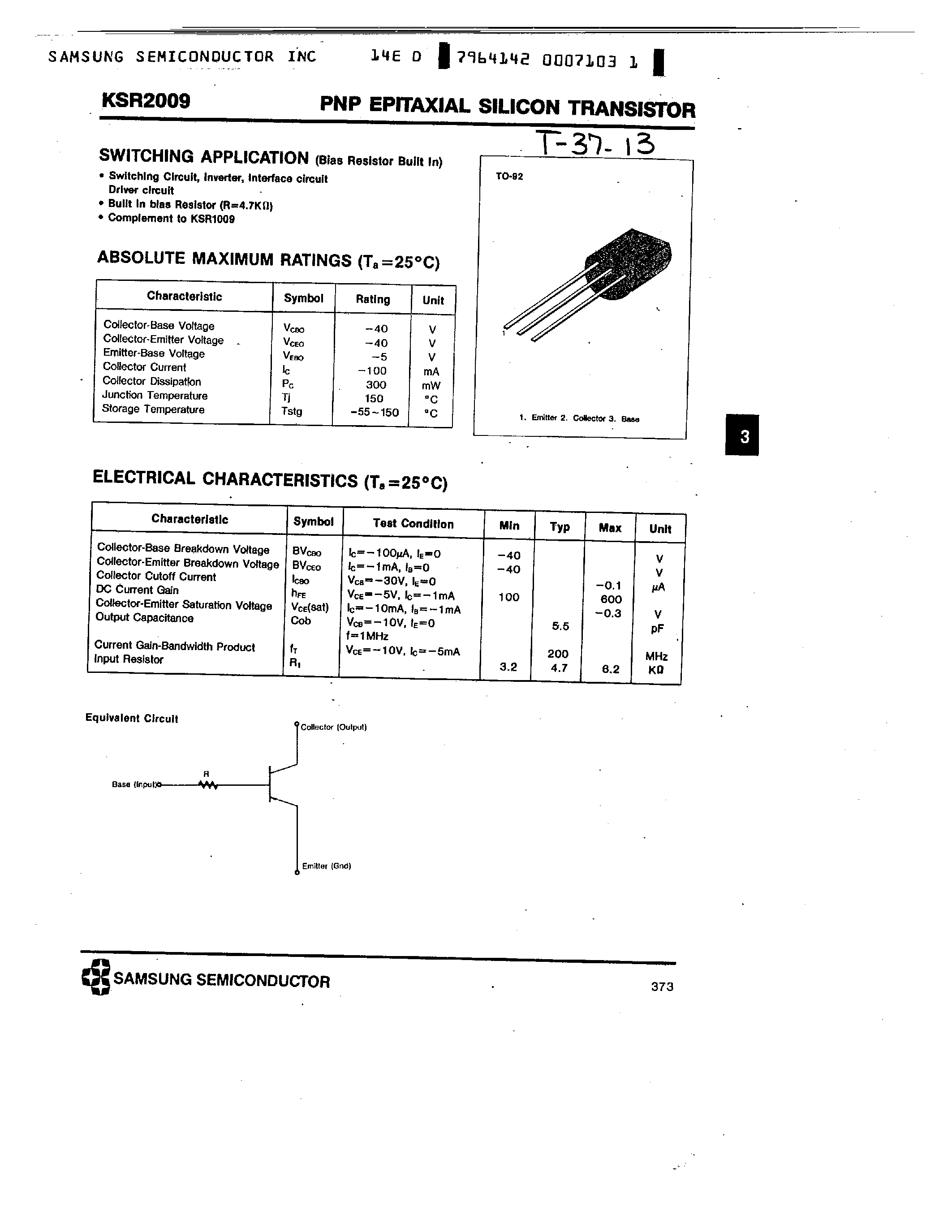 Datasheet KSR2009 - PNP (SWITCHING APPLICATION) page 1