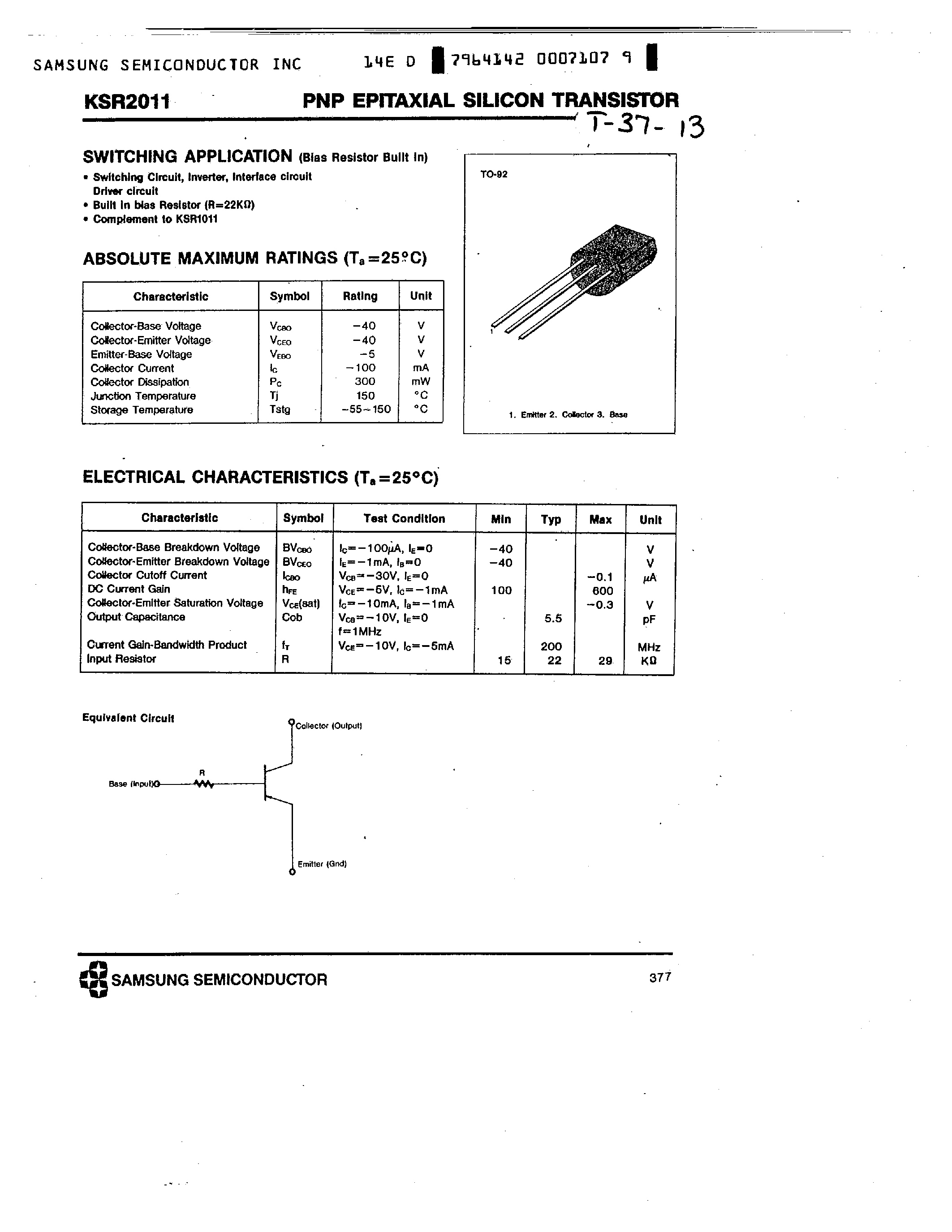 Даташит на микросхему KSR2011 страница 1 Даташит KSR2011 - PNP (SWITCHING APPLICATION) страница 1
