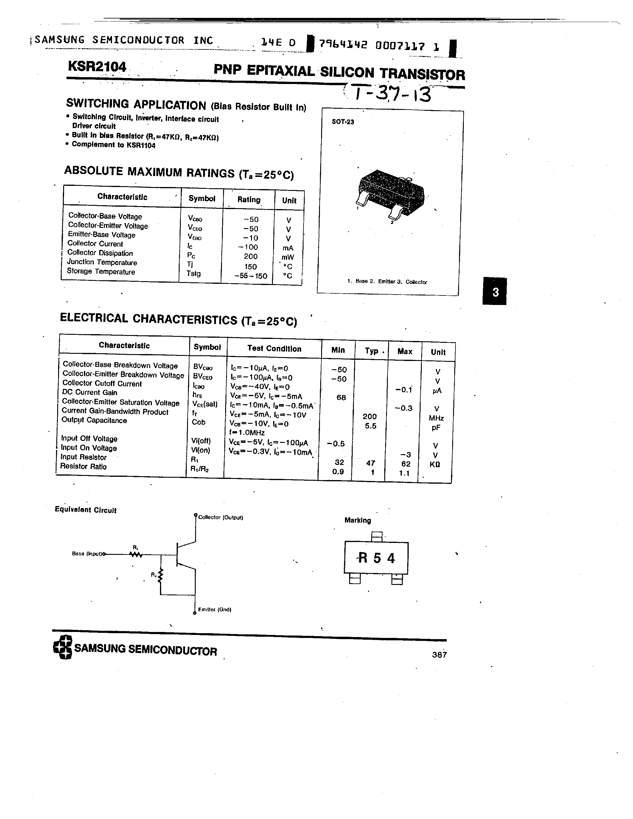 Datasheet KSR2104 - PNP (SWITCHING APPLICATION) page 1