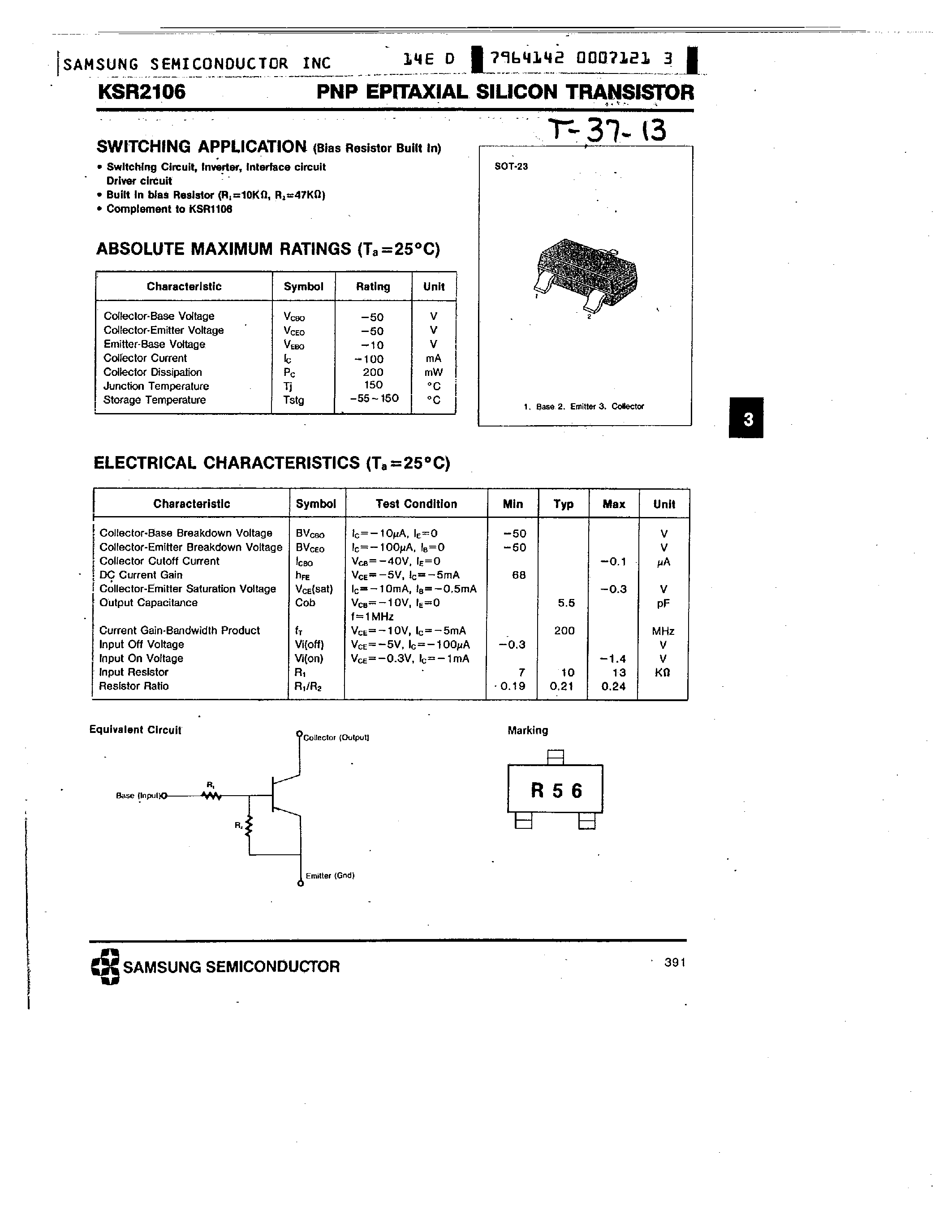 Datasheet KSR2106 - PNP (SWITCHING APPLICATION) page 1