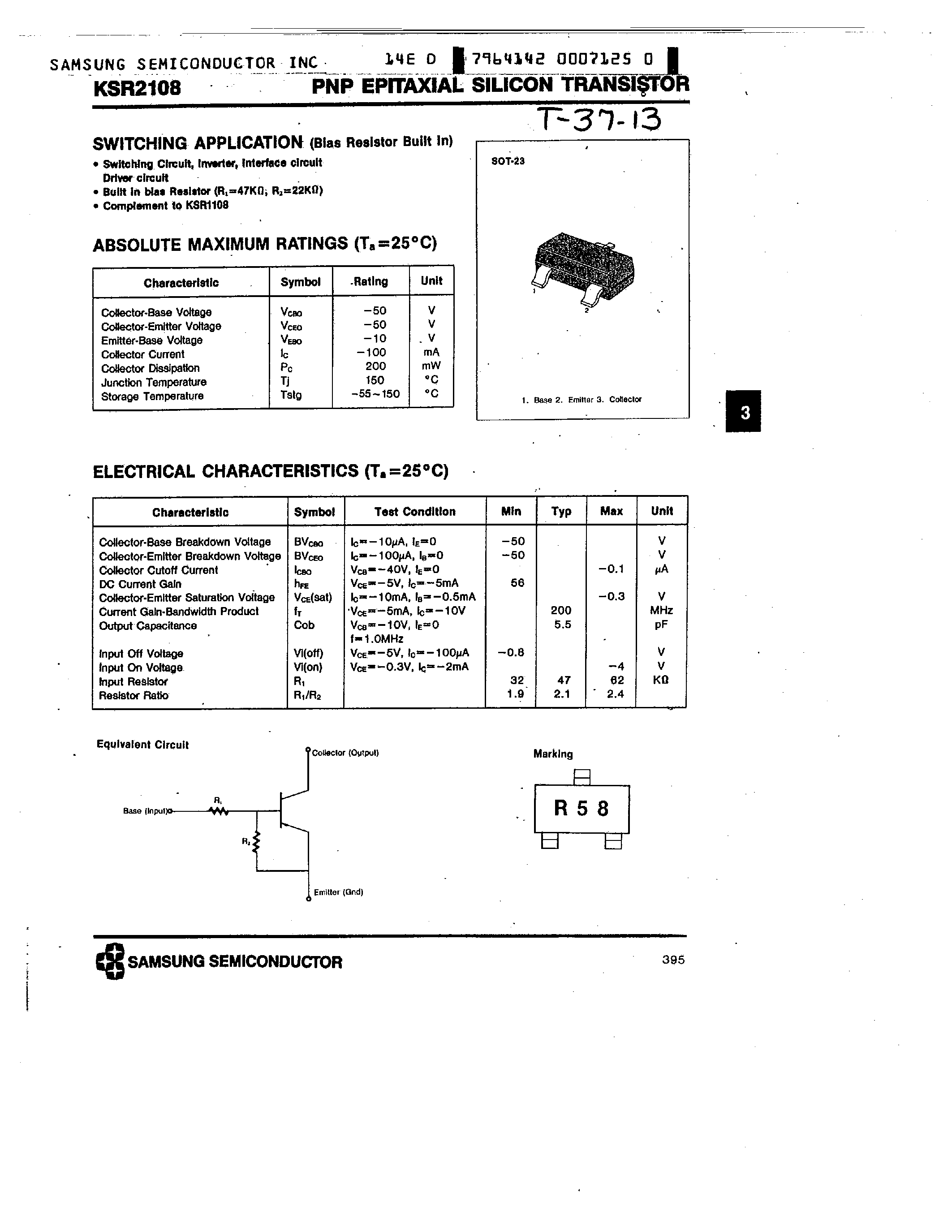 Даташит на микросхему KSR2108 страница 1 Даташит KSR2108 - PNP (SWITCHING APPLICATION) страница 1