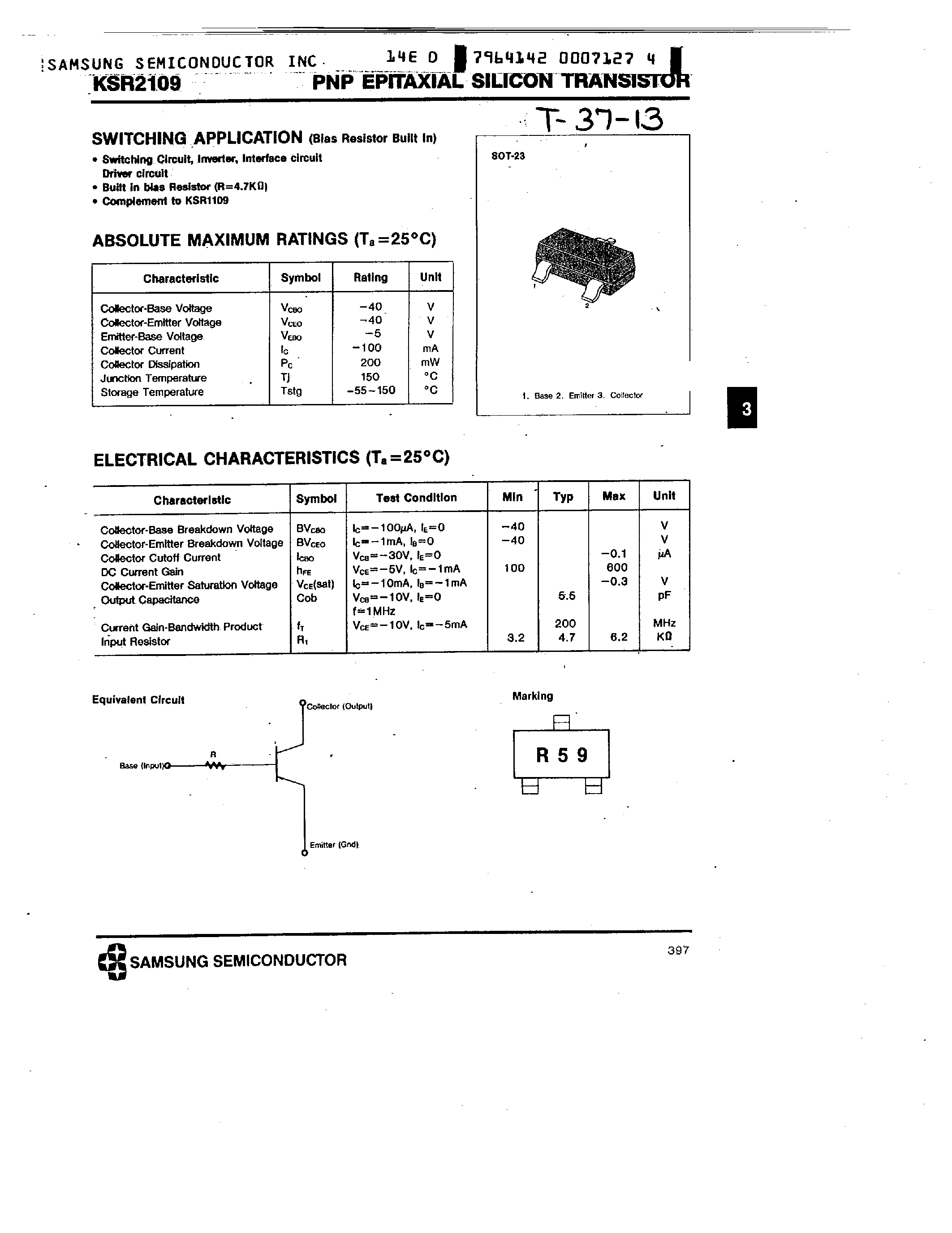 Datasheet KSR2109 - PNP (SWITCHING APPLICATION) page 1
