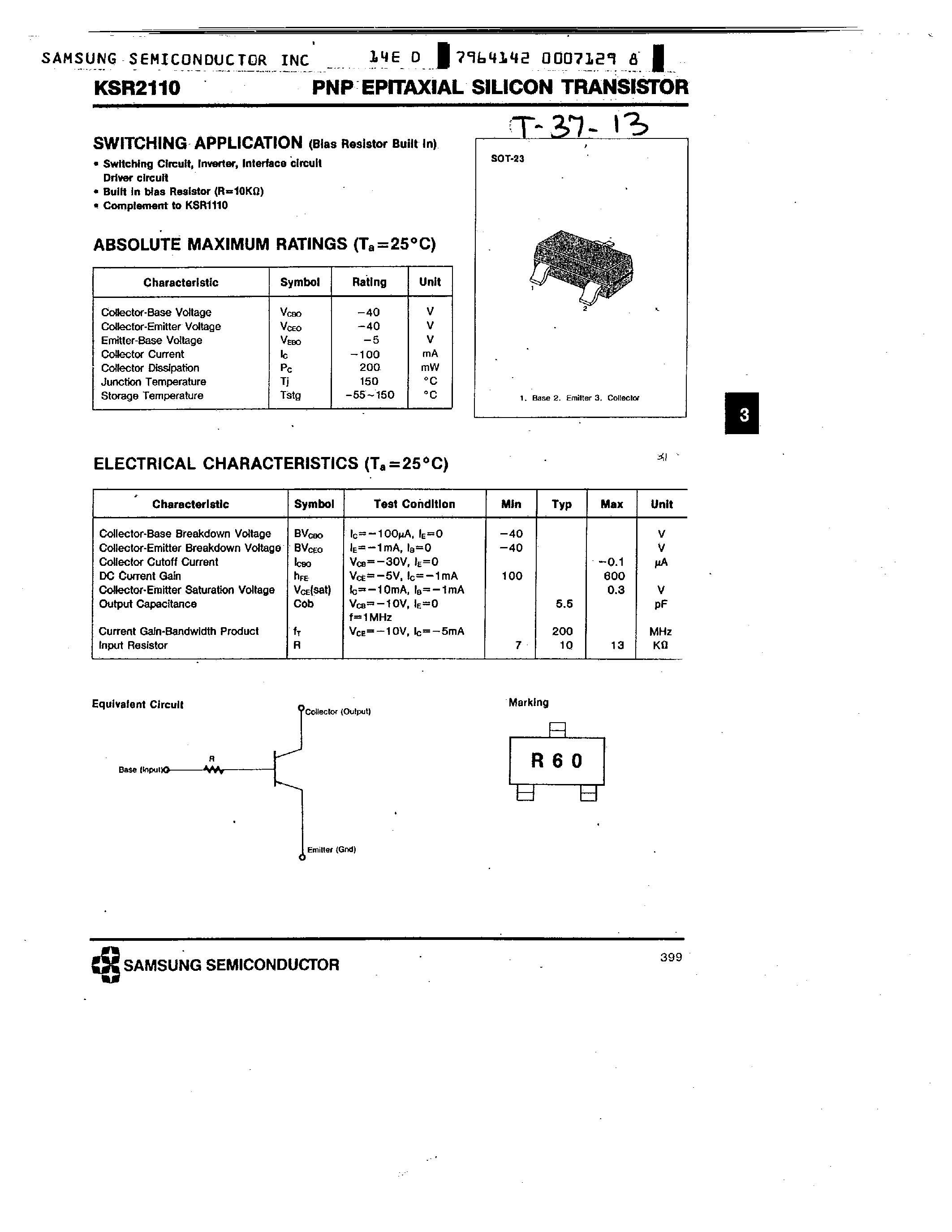 Datasheet KSR2110 - PNP (SWITCHING APPLICATION) page 1