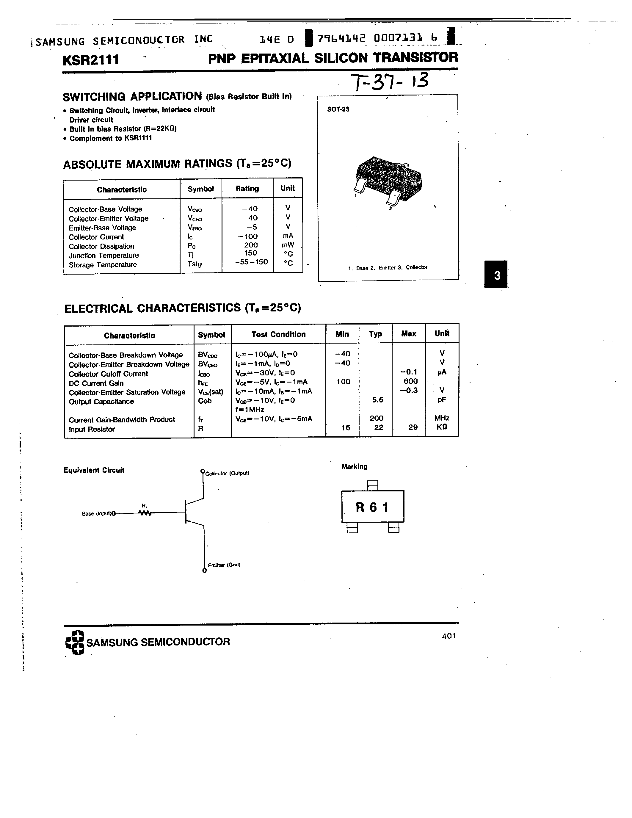 Datasheet KSR2111 - PNP (SWITCHING APPLICATION) page 1