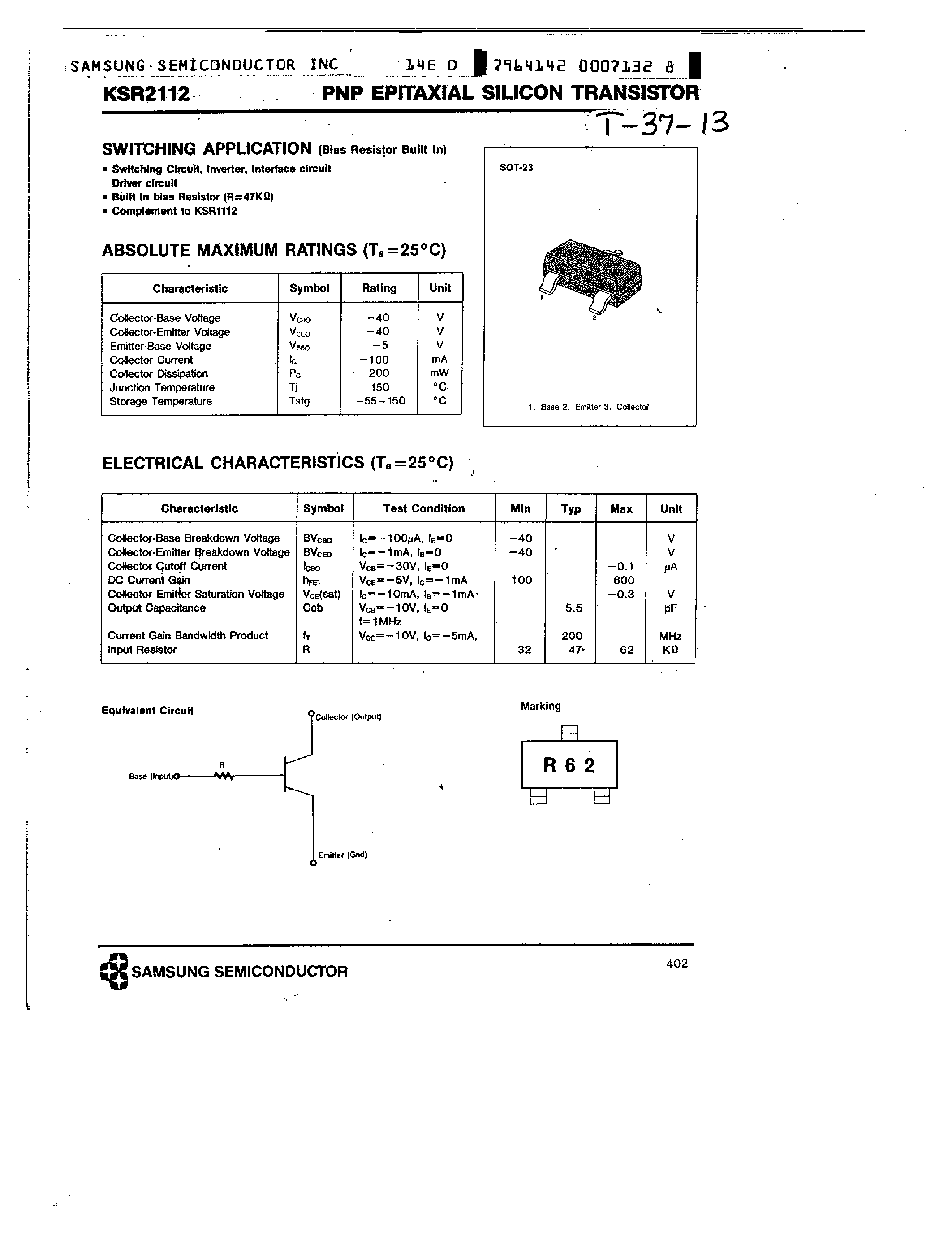 Datasheet KSR2112 - PNP (SWITCHING APPLICATION) page 1