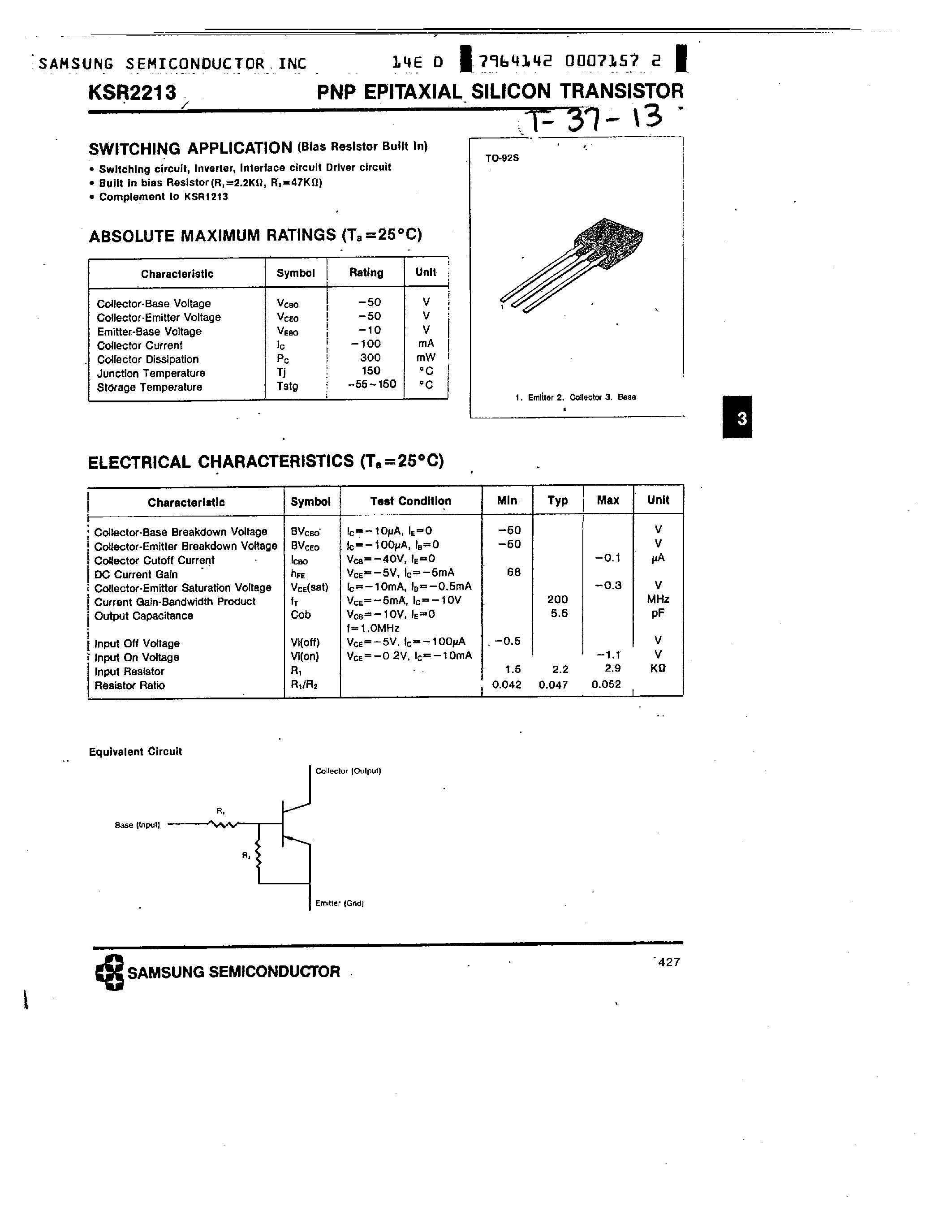 Datasheet KSR2213 page 1 Datasheet KSR2213 - PNP (SWITCHING APPLICATION) page 1