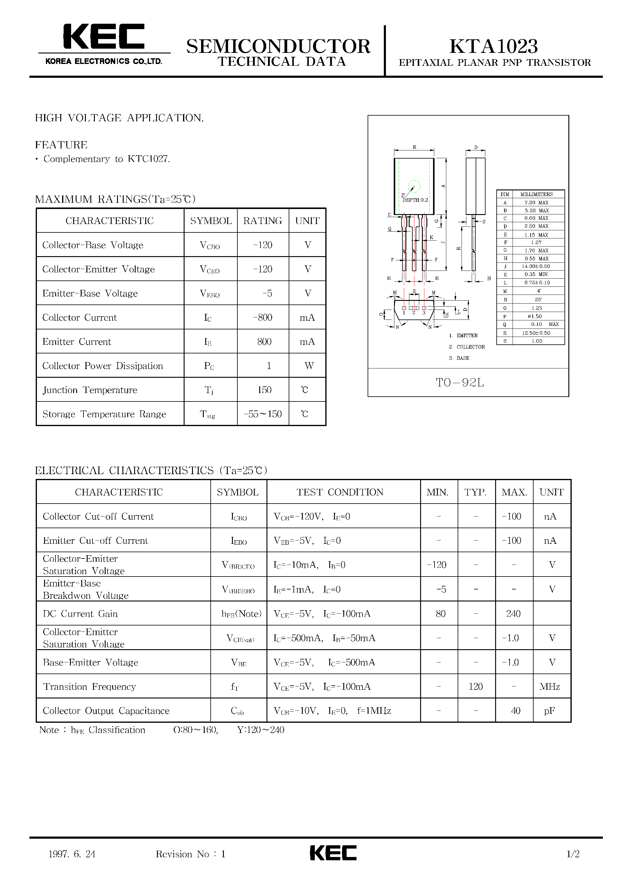 Даташит на микросхему KTA1023 страница 1 Даташит KTA1023 - EPITAXIAL PLANAR PNP TRANSISTOR (HIGH VOLTAGE) страница 1