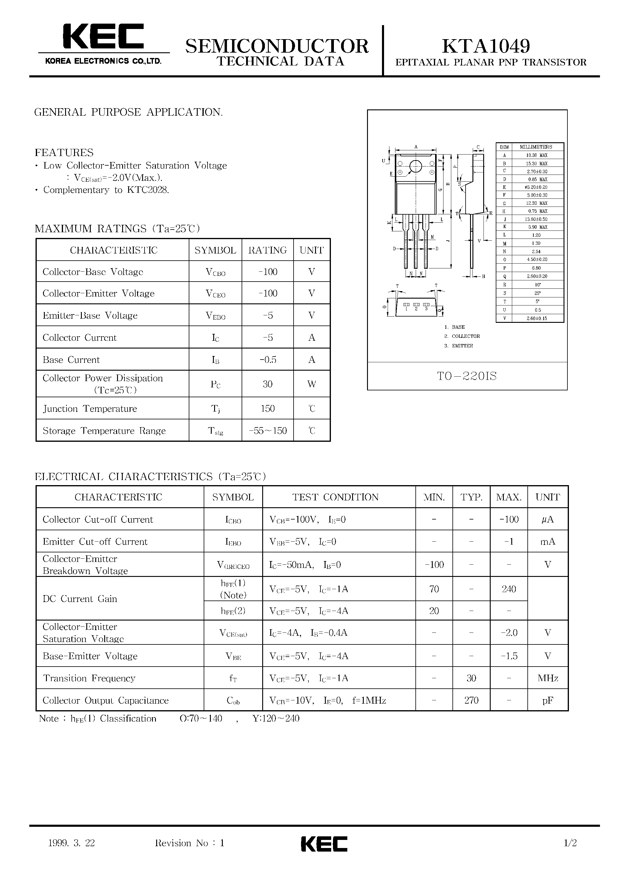 Datasheet KTA1049 - EPITAXIAL PLANAR PNP TRANSISTOR (GENERAL PURPOSE) page 1