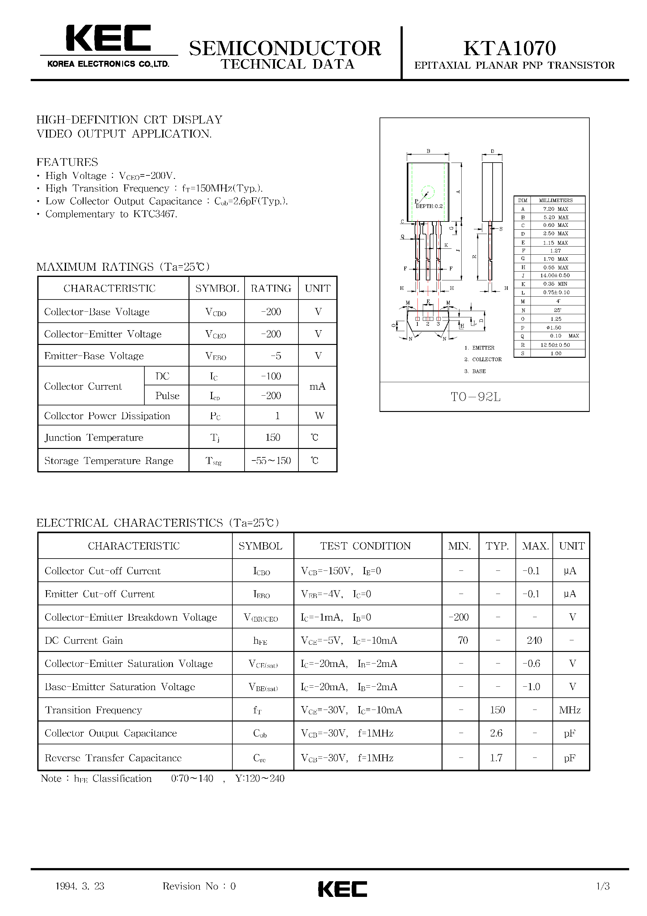 Даташит KTA1070 - EPITAXIAL PLANAR PNP TRANSISTOR (HIGH-DEFINITION CRT DISPLAY VIDEO OUTPUT) страница 1