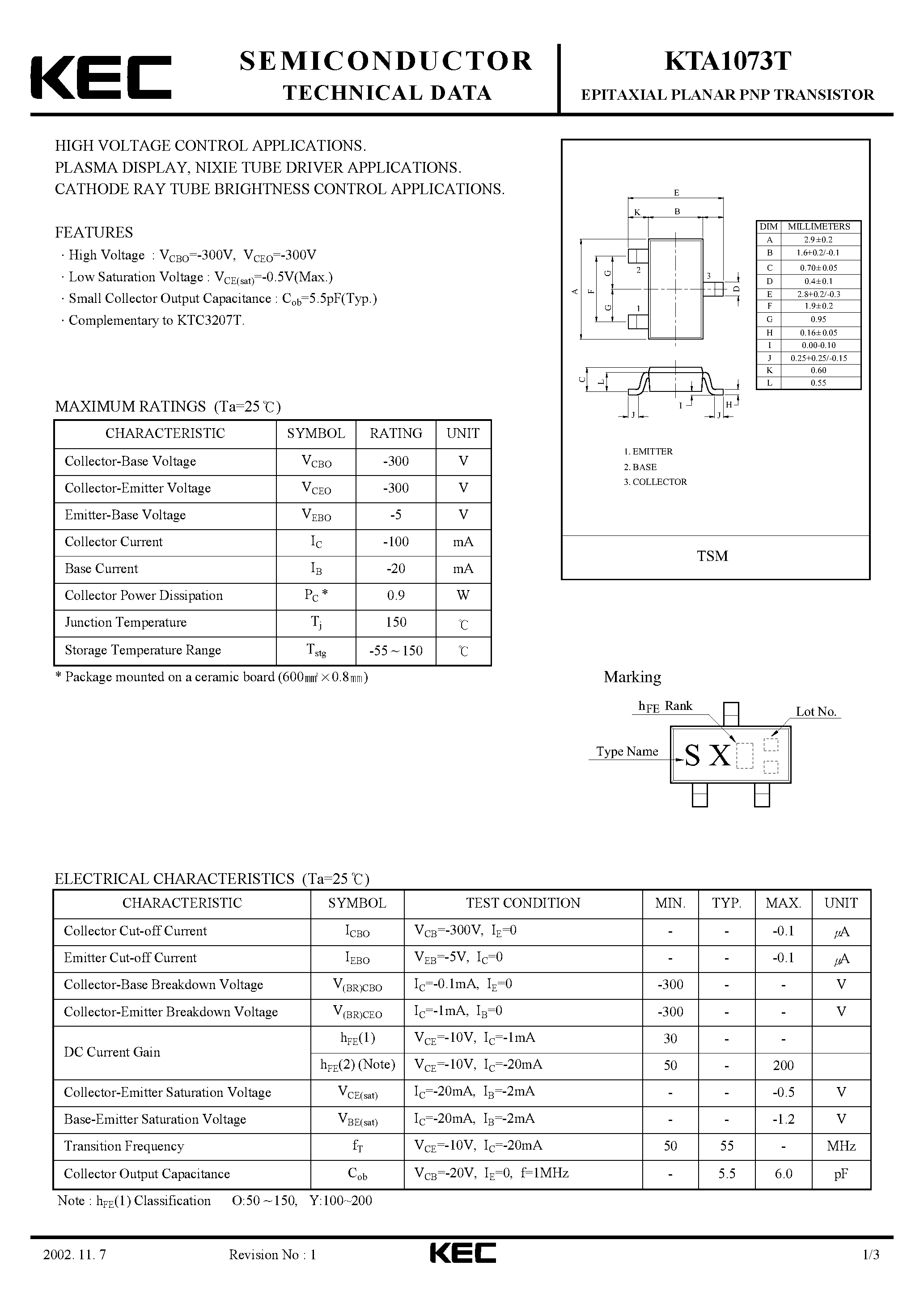 Datasheet KTA1073T - EPITAXIAL PLANAR PNP TRANSISTOR(HIGH VOLTAGE CONTROL/ PLASMA DISPLAY/ NIXIE TUBE DRIVER/CATHODE RAY TUBE BRIGHTNESS CONTROL) page 1