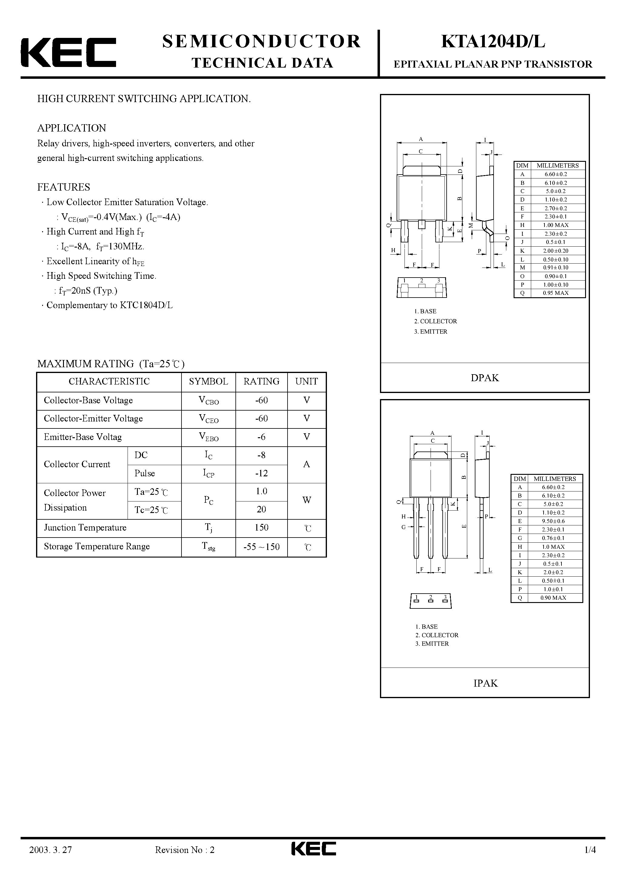 Datasheet KTA1204 - EPITAXIAL PLANAR PNP TRANSISTOR (HIGH CURRENT SWITCHING) page 1