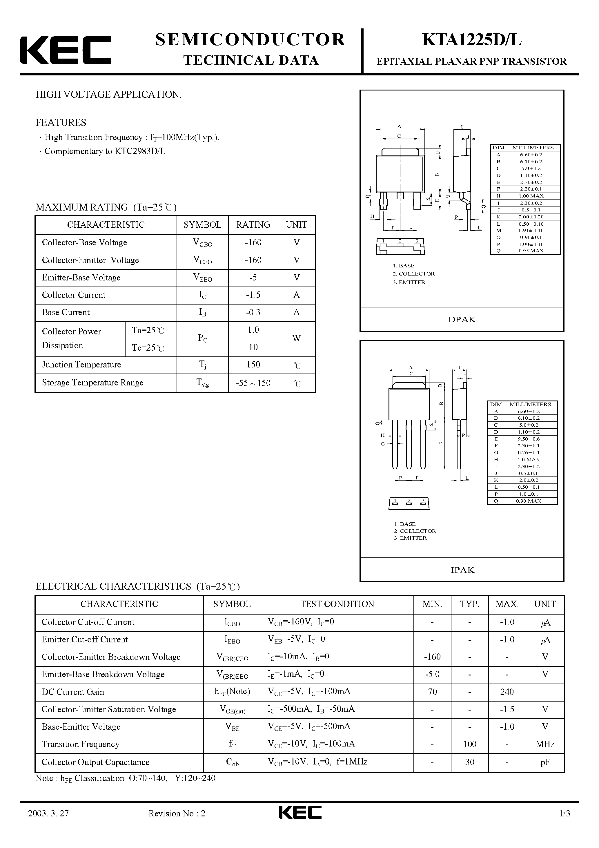 Даташит KTA1225D - EPITAXIAL PLANAR PNP TRANSISTOR (HIGH VOLTAGE) страница 1