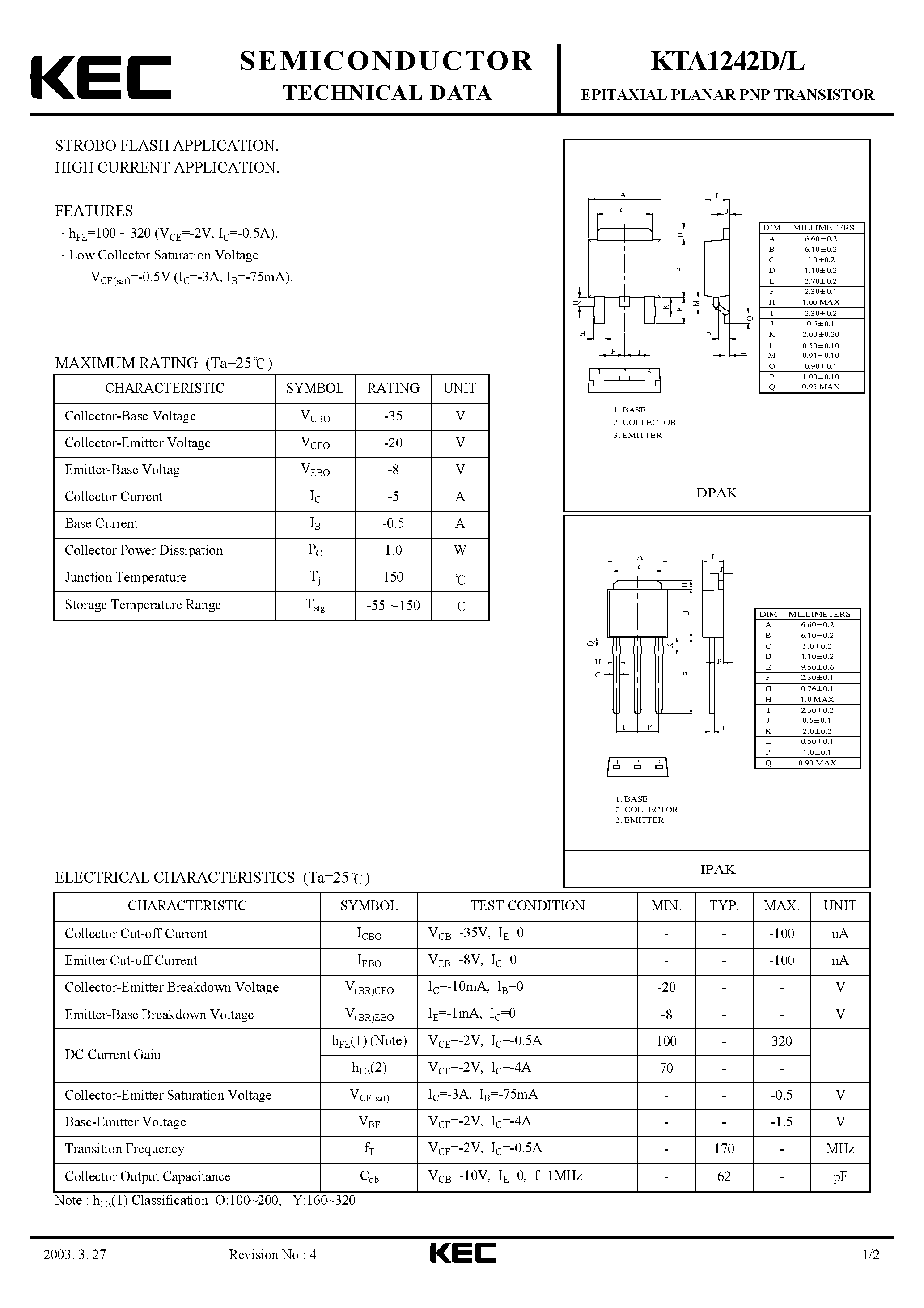 Даташит на микросхему KTA1242L страница 1 Даташит KTA1242L - EPITAXIAL PLANAR PNP TRANSISTOR (STROBO FLASH/ HIGH CURRENT) страница 1