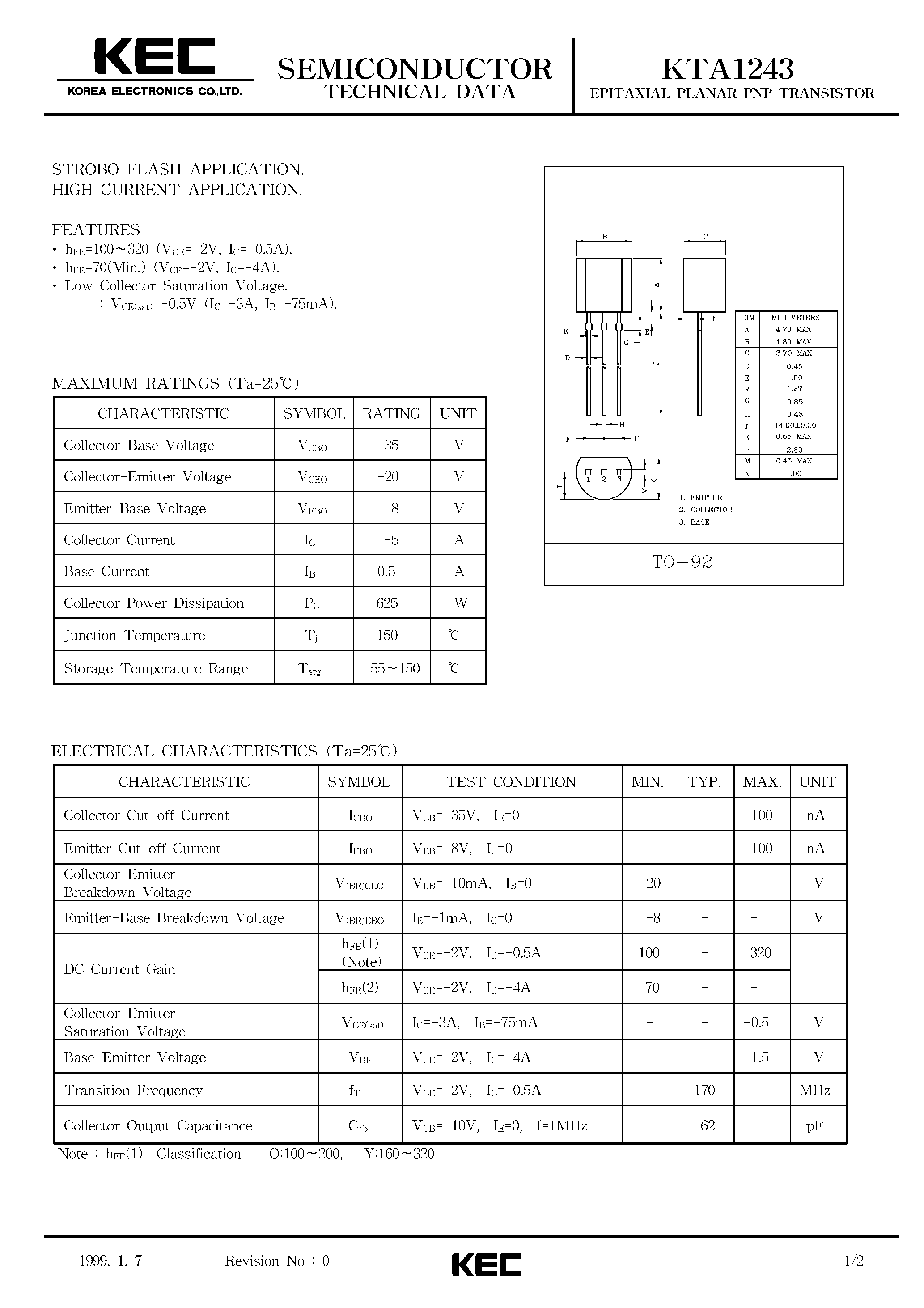 Даташит на микросхему KTA1243 страница 1 Даташит KTA1243 - EPITAXIAL PLANAR PNP TRANSISTOR (CAMERA STROBO FLASH/ HIGH CURRENT) страница 1